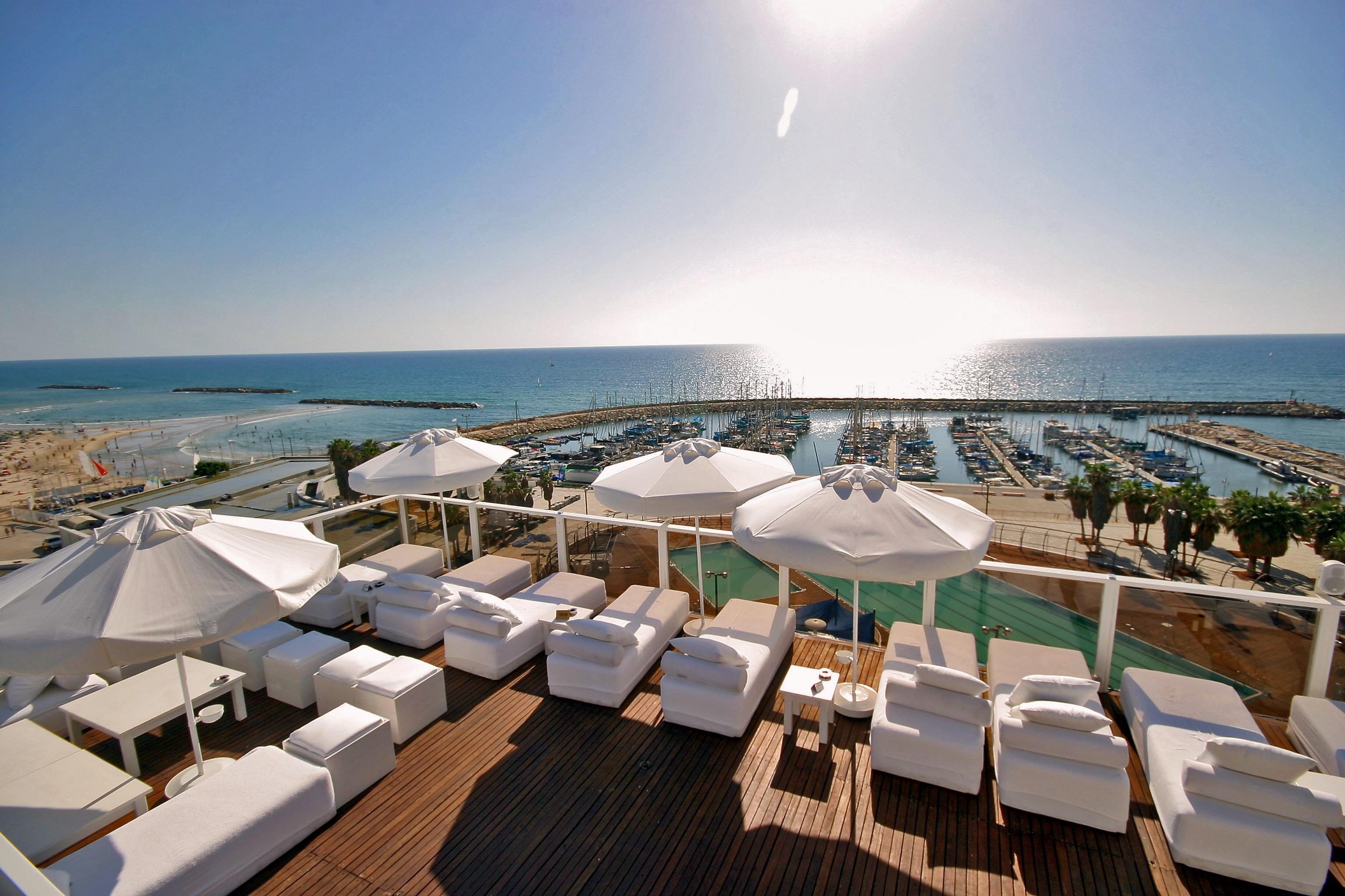 seat, parasols, Sun, coastline, Tel Aviv, blue, scenics - nature, beaches, Hotel, horizon, travel Destinations, land, horizon over water, trip, Sea, sky, HD Wallpaper