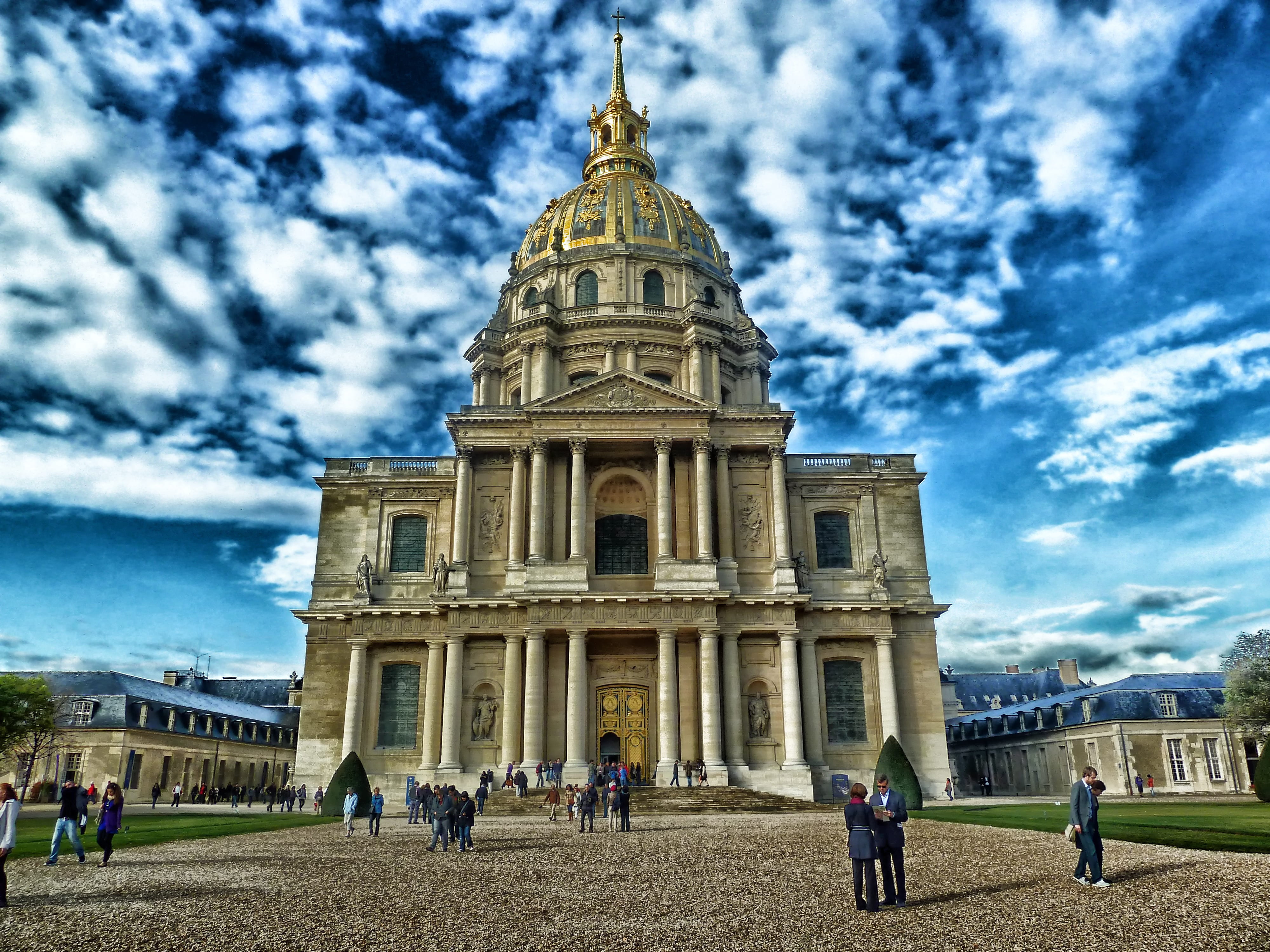white, dome, near, walkway, daytime, men, real people, blue, adult, cloud - sky, plaza, beige, built structure, outdoors, landmark, chapel of saint-lous-des-invalides, HD Wallpaper