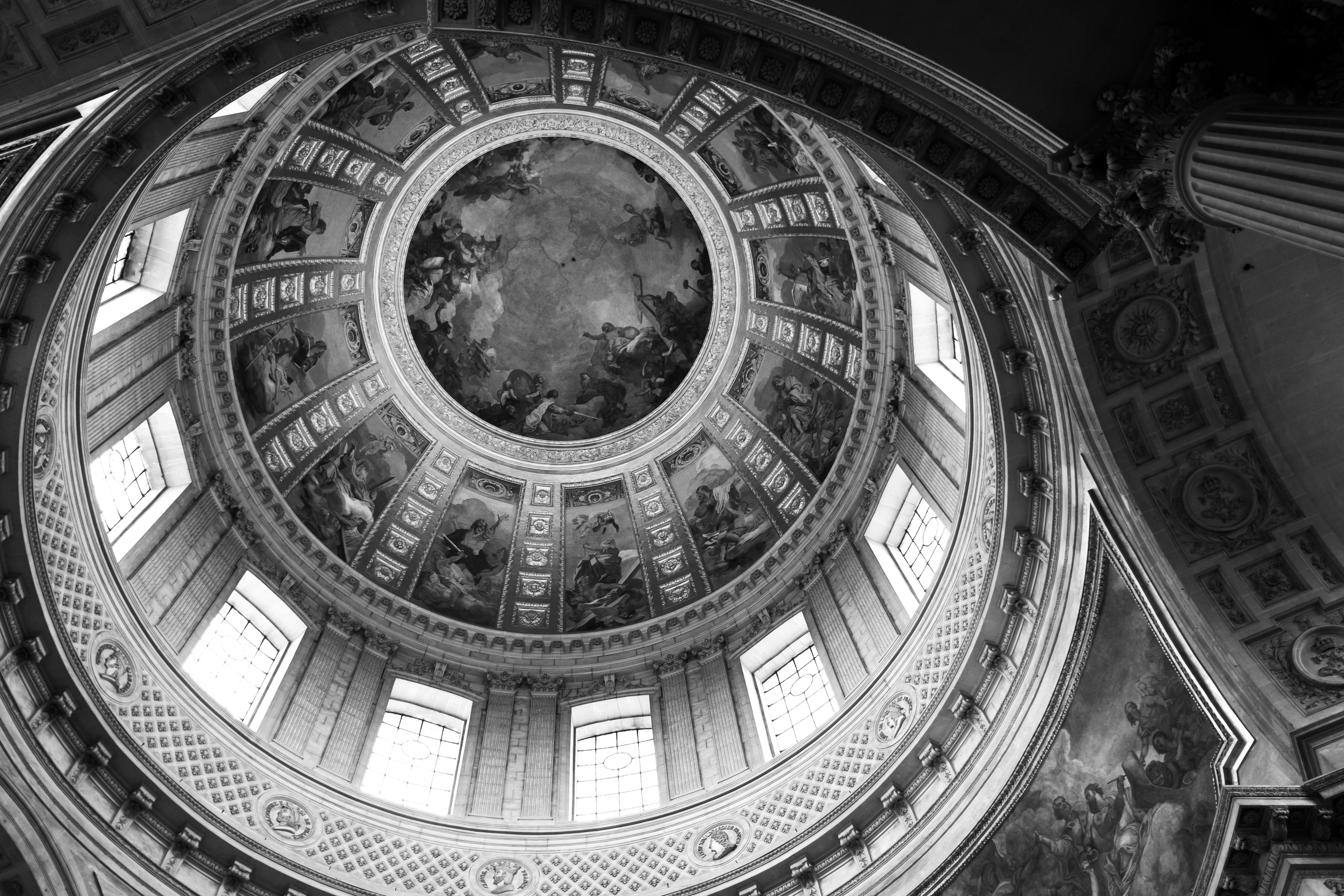 building, the past, circle, government, travel destinations, low angle view, architecture, paris, shape, bandw, black and white, 5K, les invalides, no people, HD Wallpaper