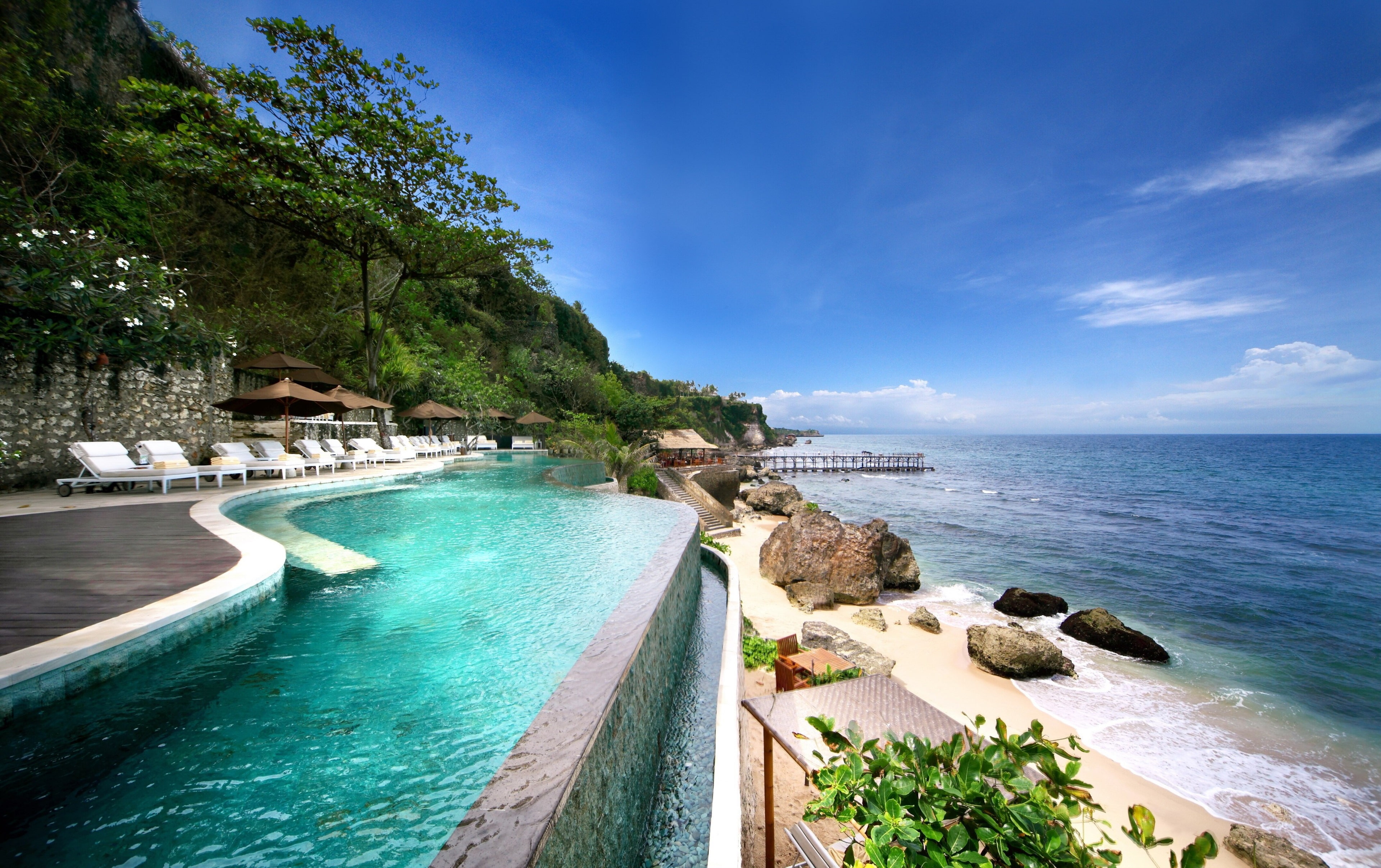 plant, vacations, sea, outdoors, beach, sky, tree, holiday, tranquility, ayana resort and spa 4k  download of hd, turquoise colored, swimming pool, tropical climate, HD Wallpaper
