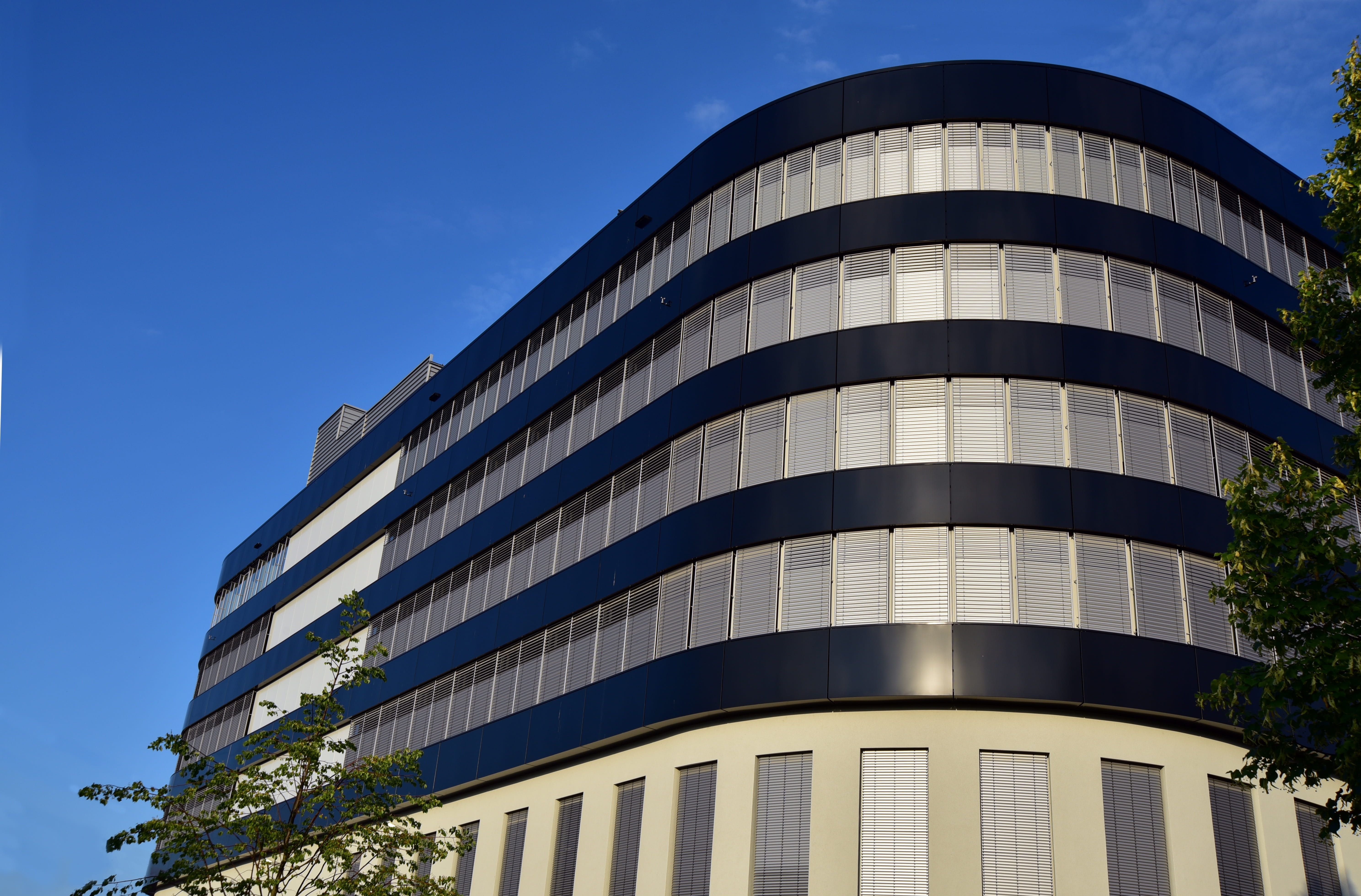 augsburg, office building exterior, pattern, germany, summer, house, clear sky, structure, modern architecture, office, city, built structure, round, stripes, HD Wallpaper