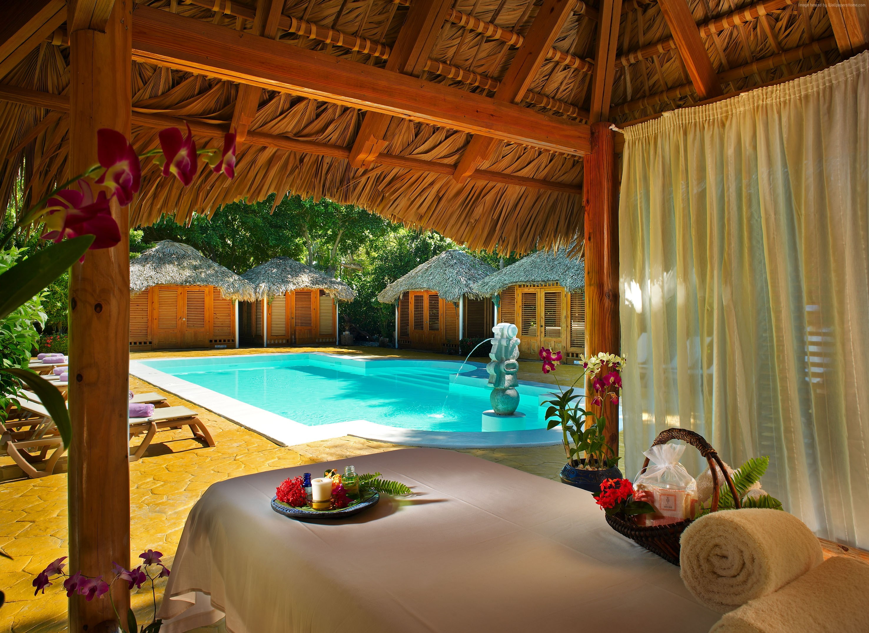 travel, architecture, roof, water, nature, 2K, vacation, plant, luxury, tourism, Dominikana, resort, hotel, built structure, hot tub, luxury hotel, swimming pool, HD Wallpaper
