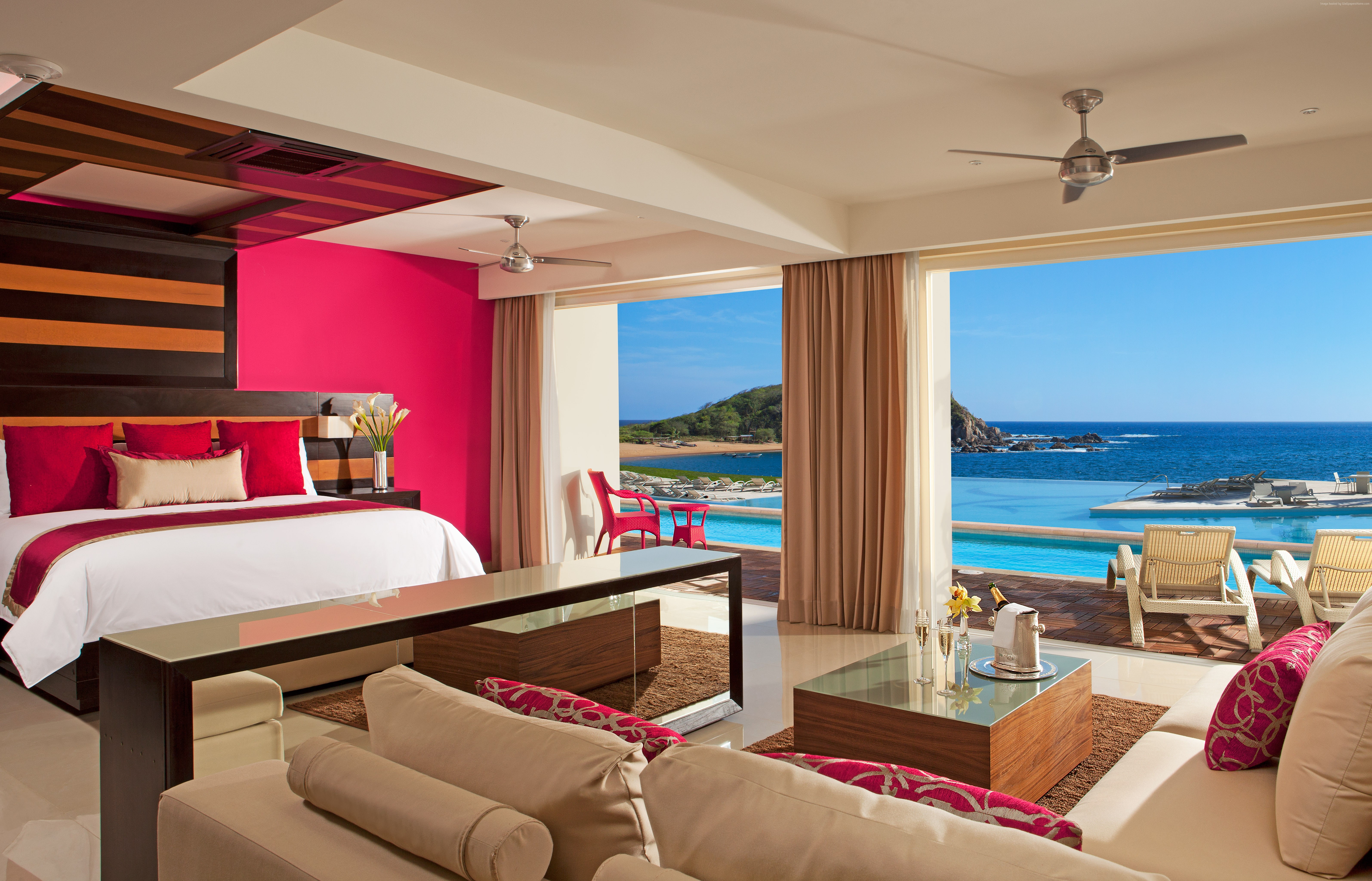 5K, bed, resort, travel, vacation, Best Hotels of 2015, tourism, ocean, pink, Secrets Huatulco Resort And Spa, sea, HD Wallpaper