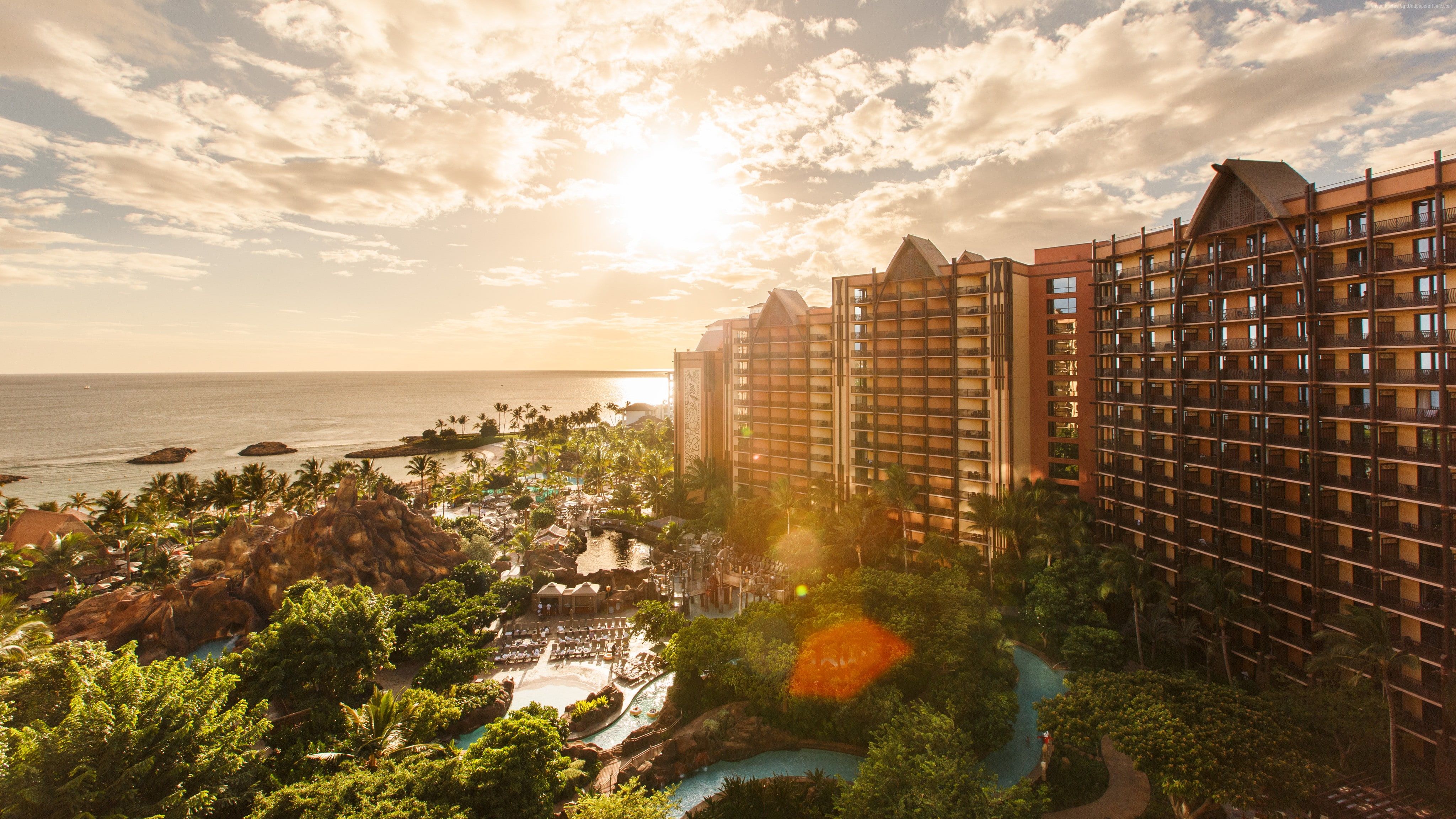 clouds, 4K, spa, resort, sky, pool, palm, booking, Aulani, hotel, travel, sea, disney, vacation, beach, HD Wallpaper