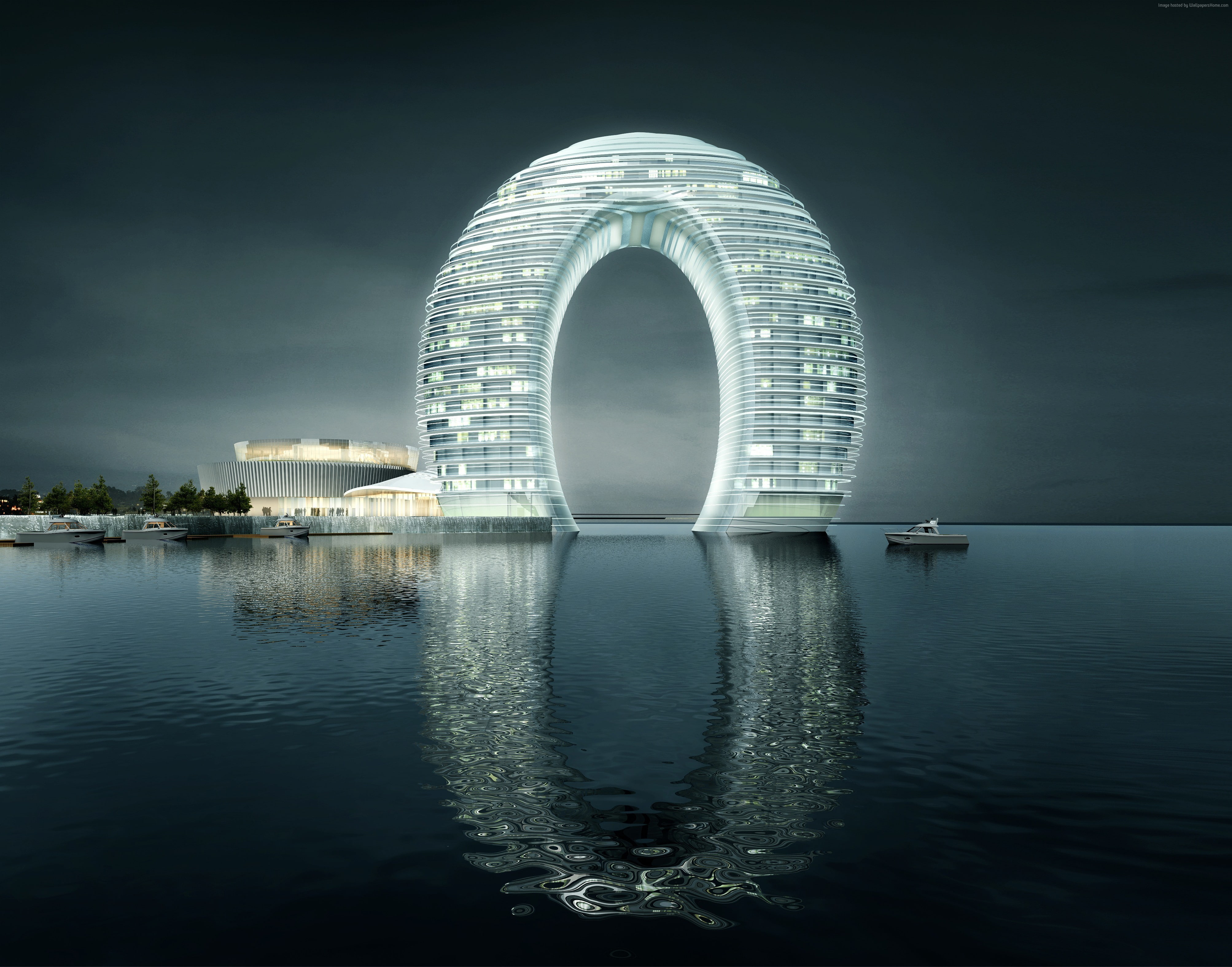 outdoors, building exterior, no people, waterfront, nature, Best hotels, reflection, geometric shape, resort, sky, office building exterior, night, travel, HD Wallpaper