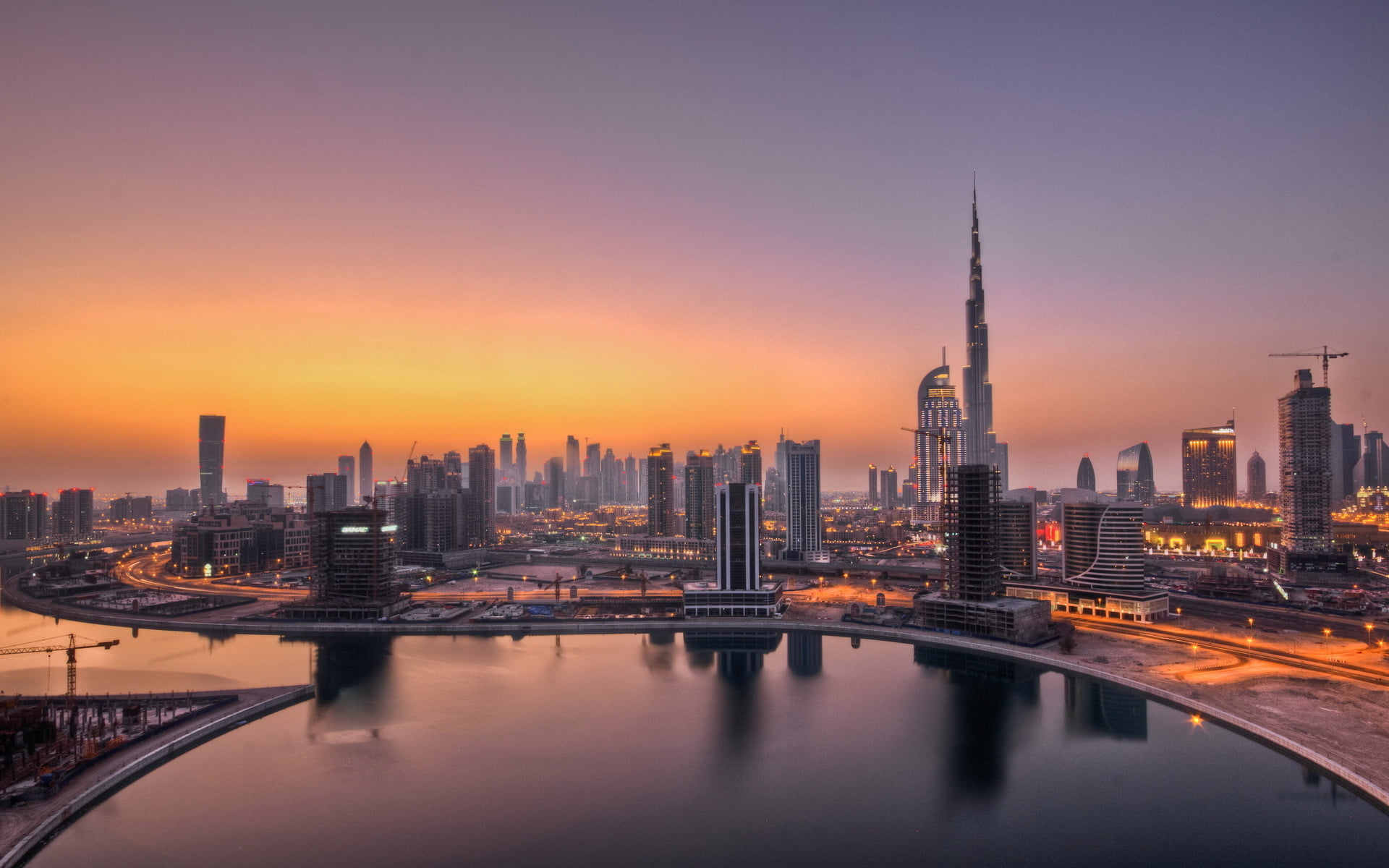 sunset, 1080P, sky, Dubai, building, water, architecture, illuminated, arabi, emirati, spire, landscape, outdoors, travel destinations, city, downtown district, HD Wallpaper