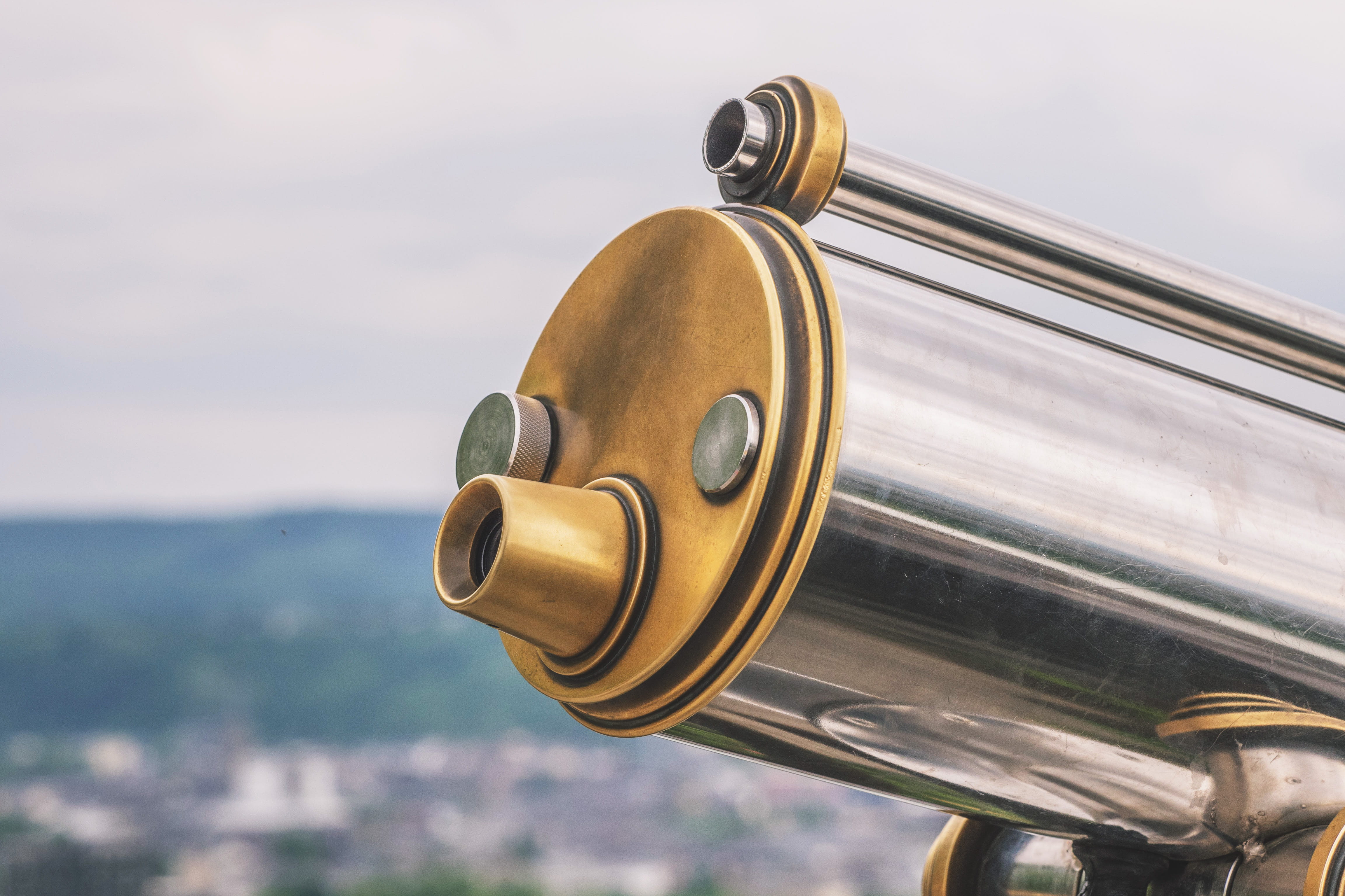 sky, various, gold colored, nature, focus on foreground, city, day, travel destinations, coin-operated binoculars, telescope, metal, the past, cloud - sky, HD Wallpaper