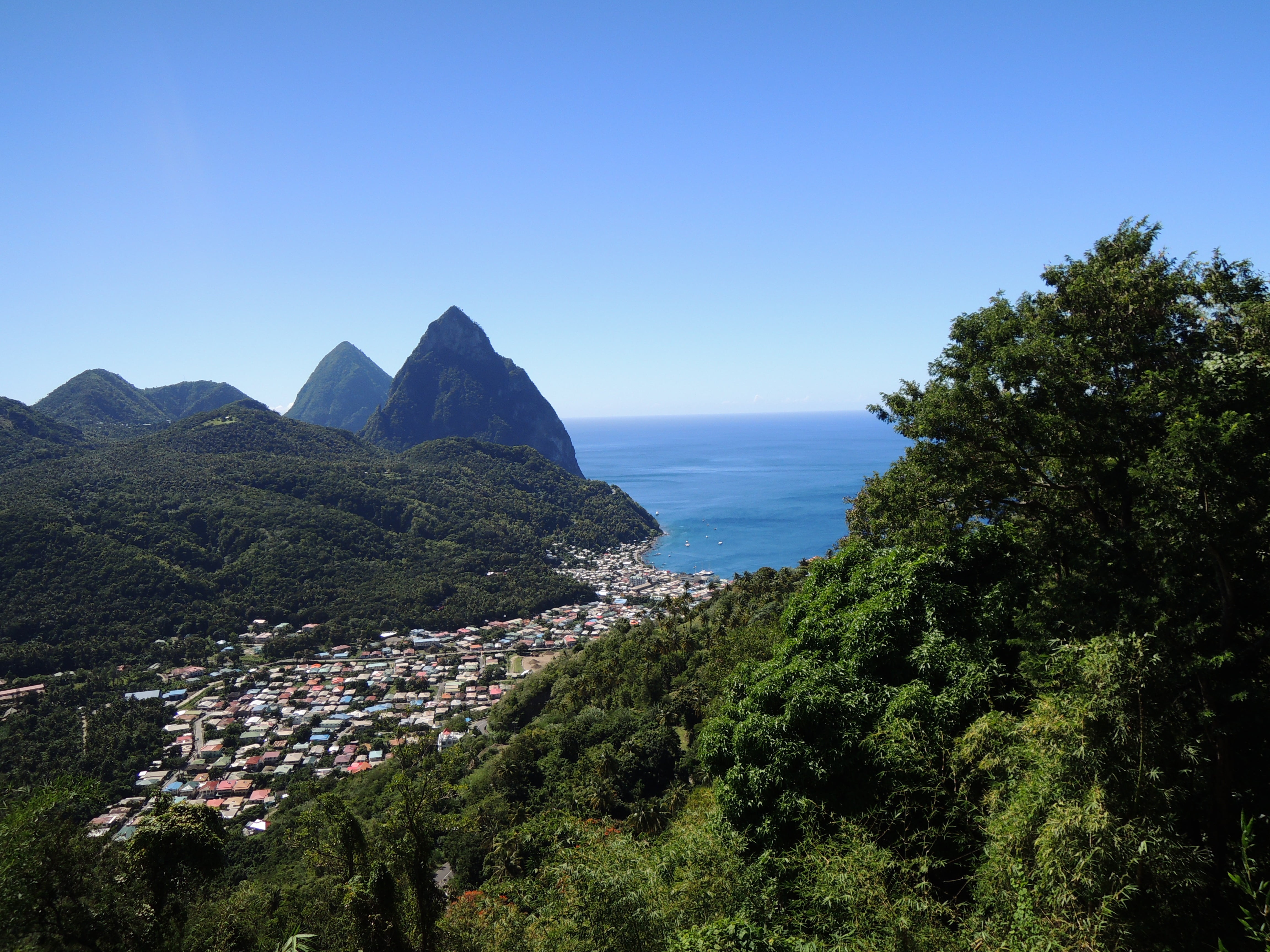 shore, saint lucia, scenics - nature, mountain, nature, twin pitons, blue, outdoors, built structure, tranquil scene, caribbean island, eye, day, 4K, birds, HD Wallpaper