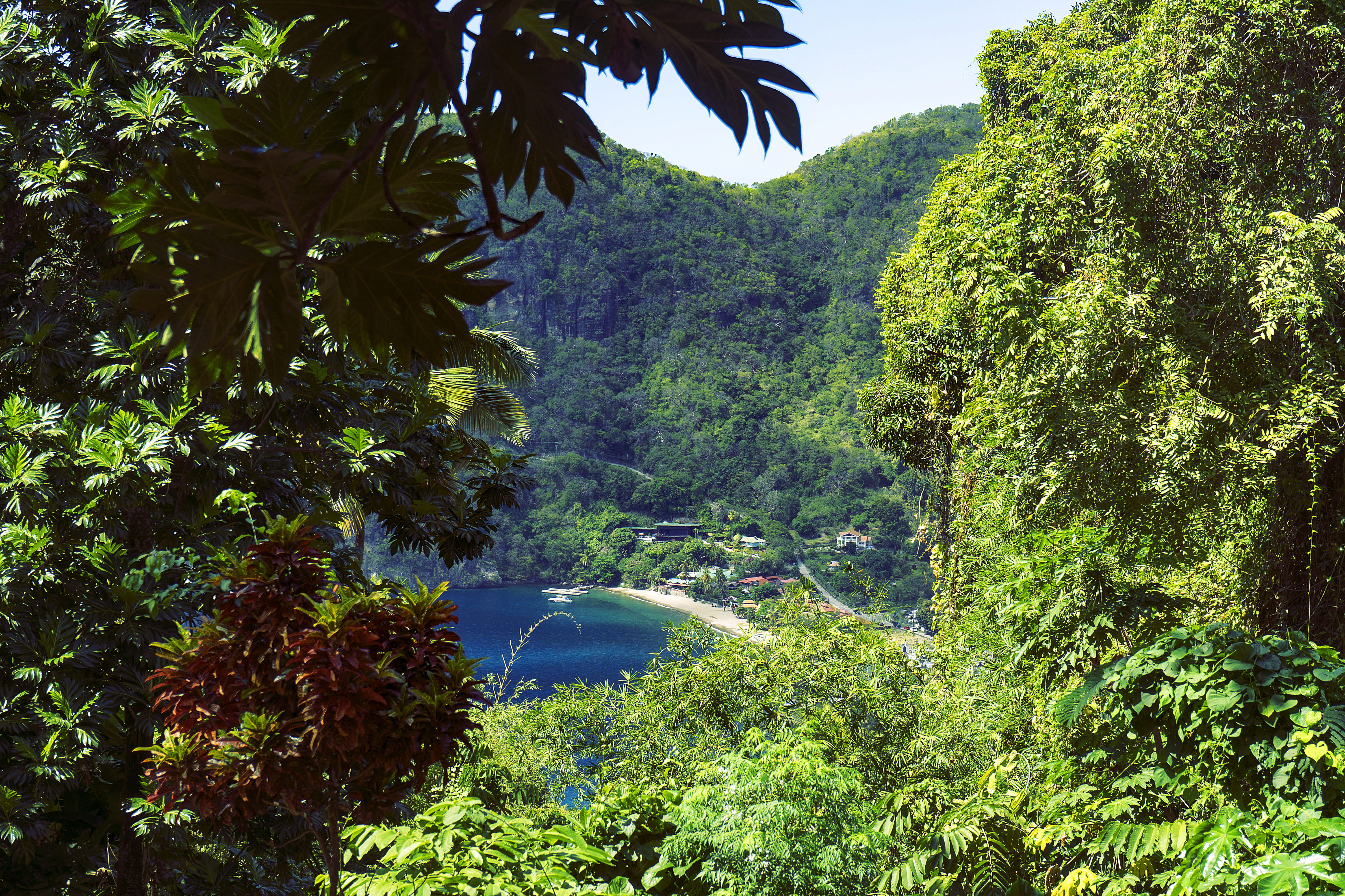 no people, aerial view, tranquility, outdoors, trees, tree, beach, lush foliage, 5K, sky, mountain, mountains, beauty in nature, hills, soufriere, tranquil scene, HD Wallpaper