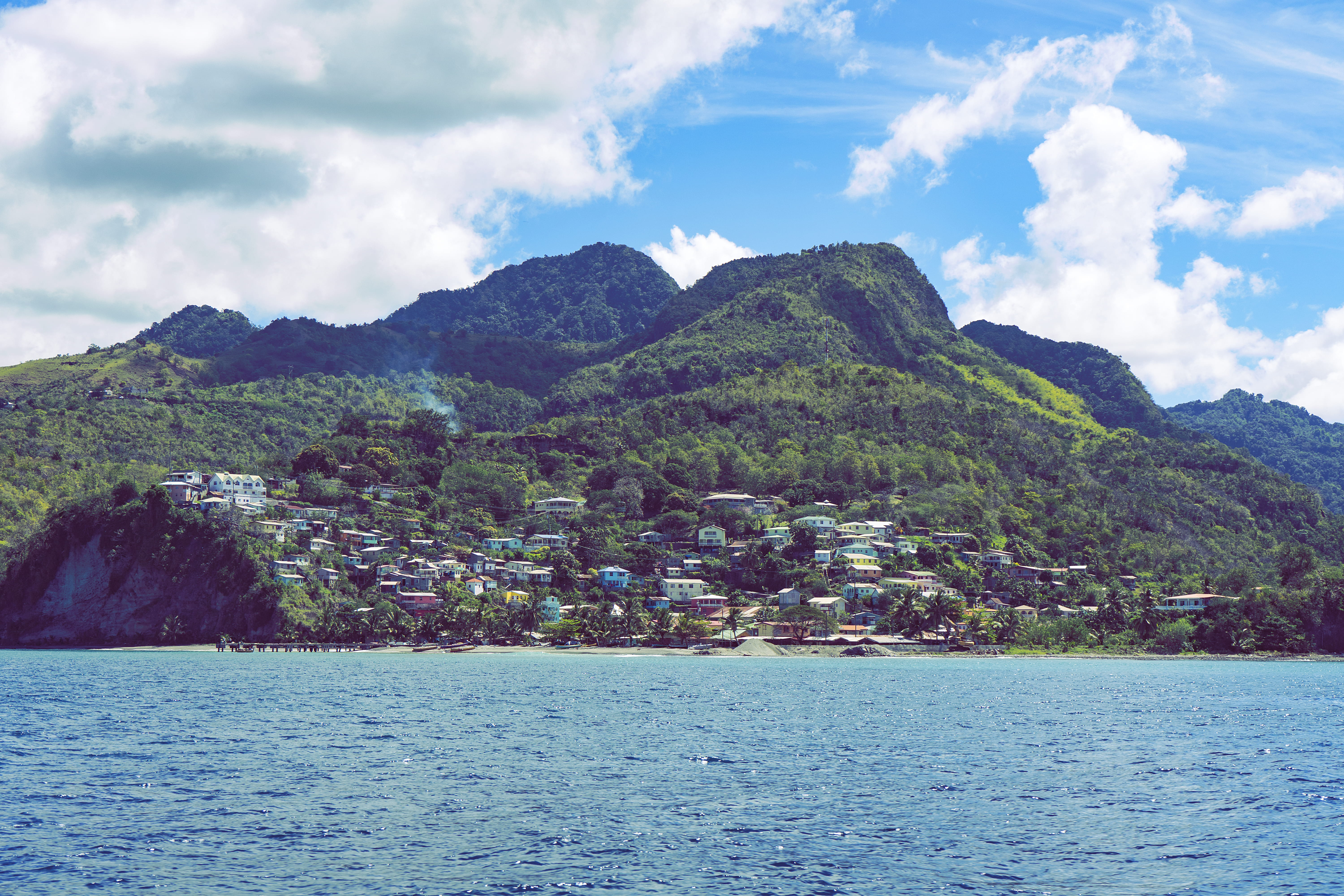 trees, hils, hills, mountain range, tranquil scene, plant, built structure, st. lucia, saint lucia, nature, view into land, houses, day, architecture, waterfront, HD Wallpaper