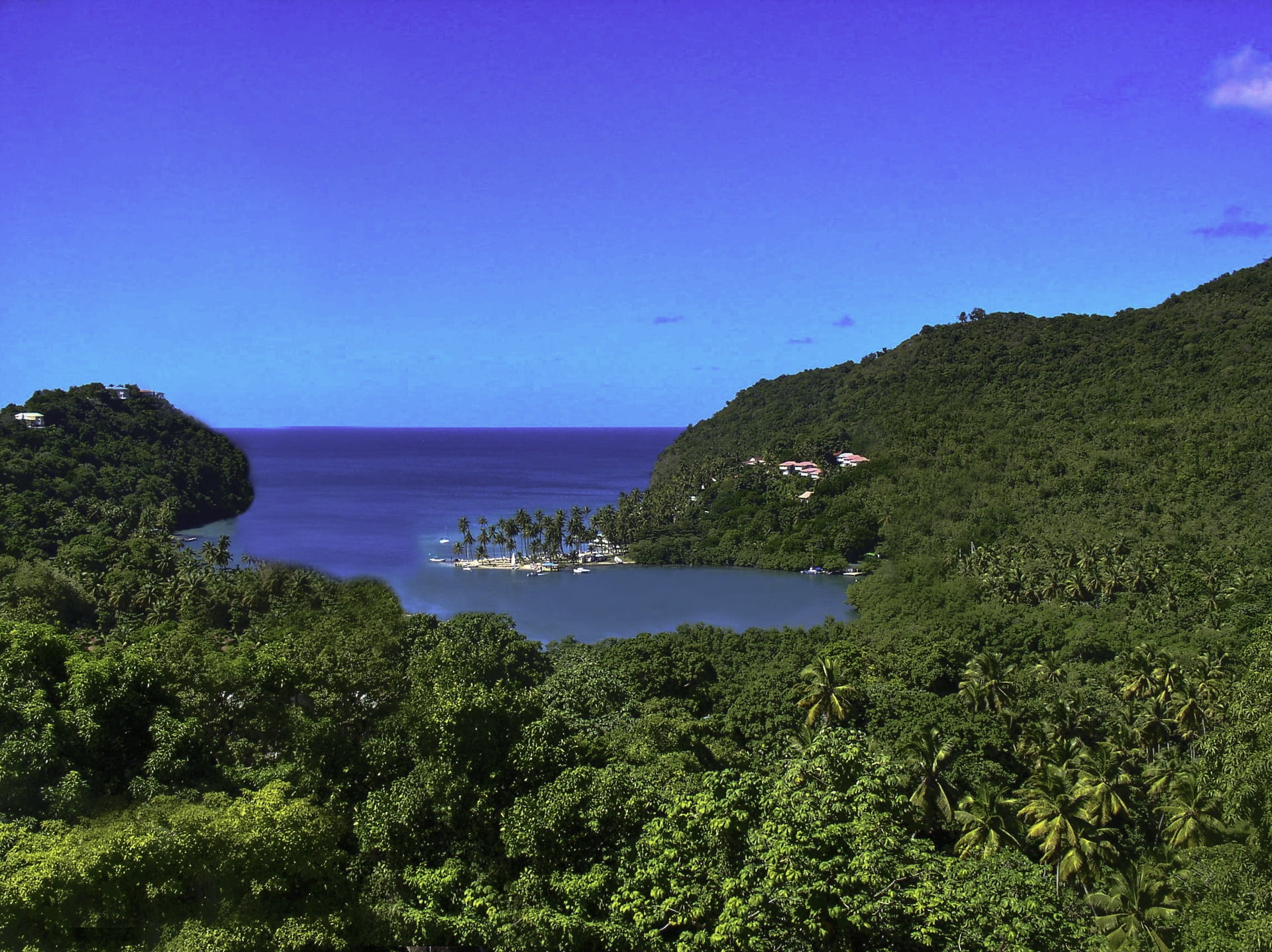 day, blue, green color, tree, sea, st lucia, caribbean, growth, plant, mountain, tranquility, clear sky, horizon over water, tranquil scene, water, sky, HD Wallpaper