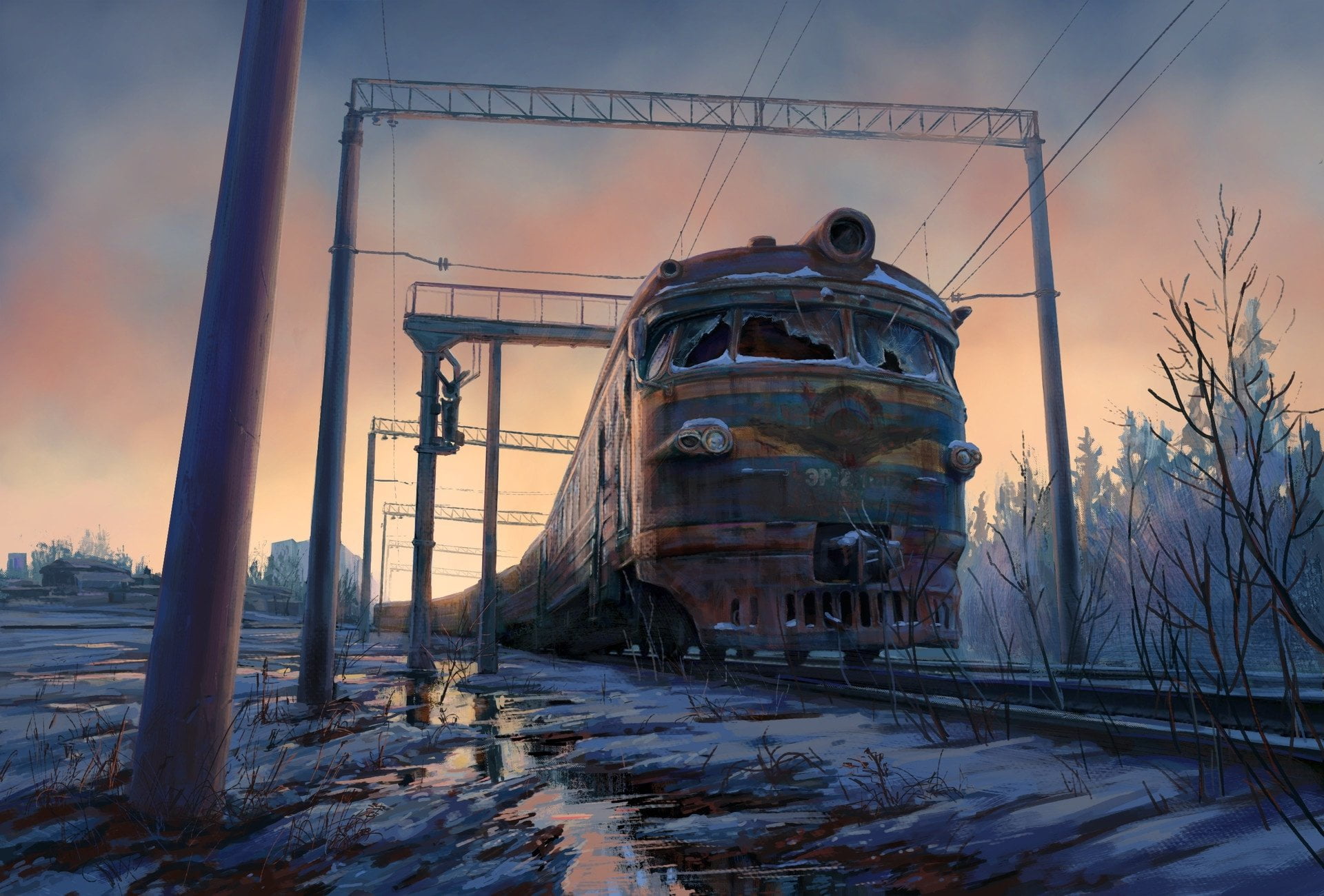 power supply, Sci Fi, connection, cable, land, tree, Train, outdoors, nature, Post Apocalyptic, winter, technology, no people, snow, 1080P, cold temperature, HD Wallpaper