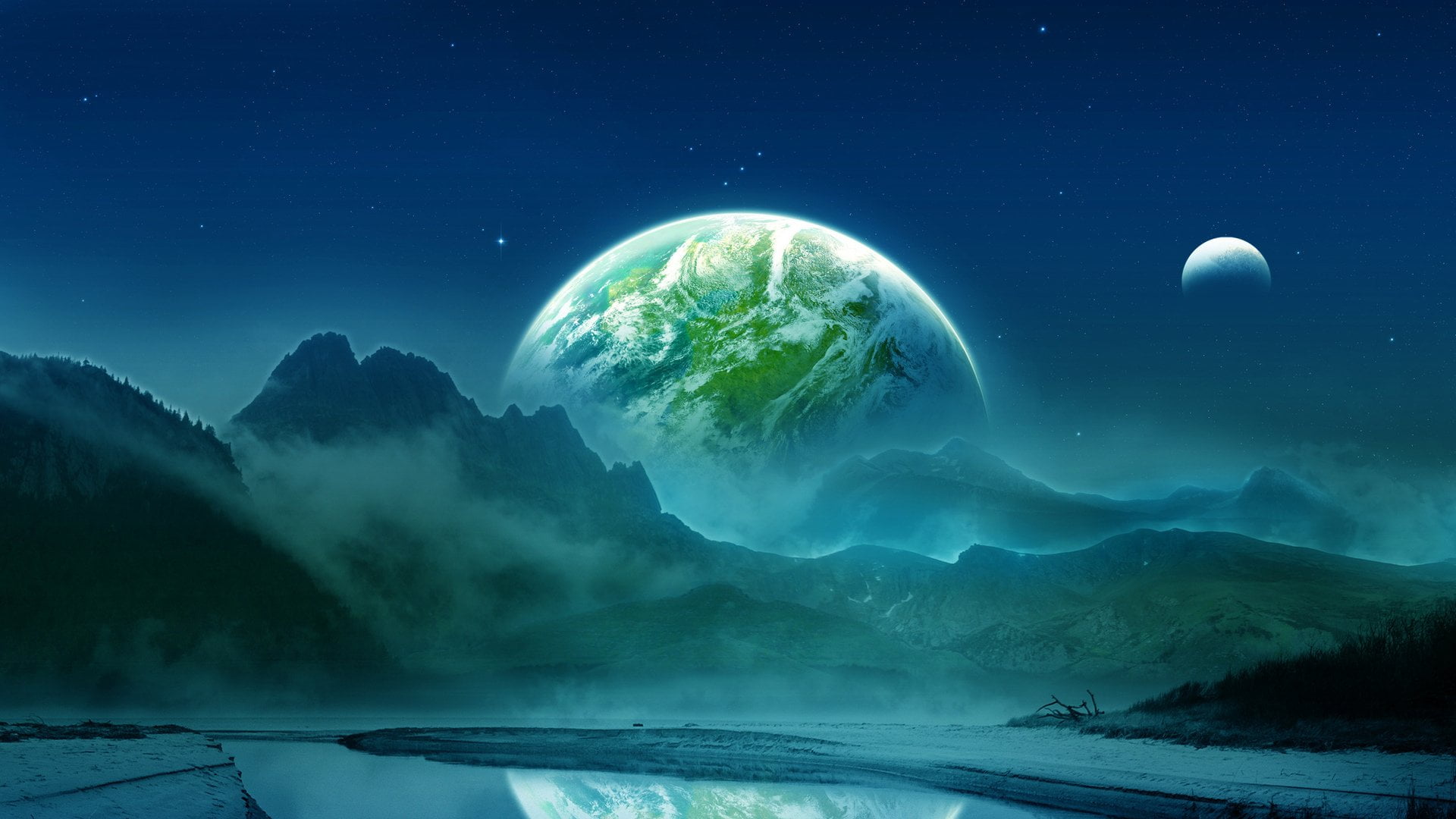 cloud - sky, ice, land, outdoors, star - space, Planet Rise, mountain, scenics - nature, no people, digital composite, 1080P, blue, astronomy, water, space, HD Wallpaper