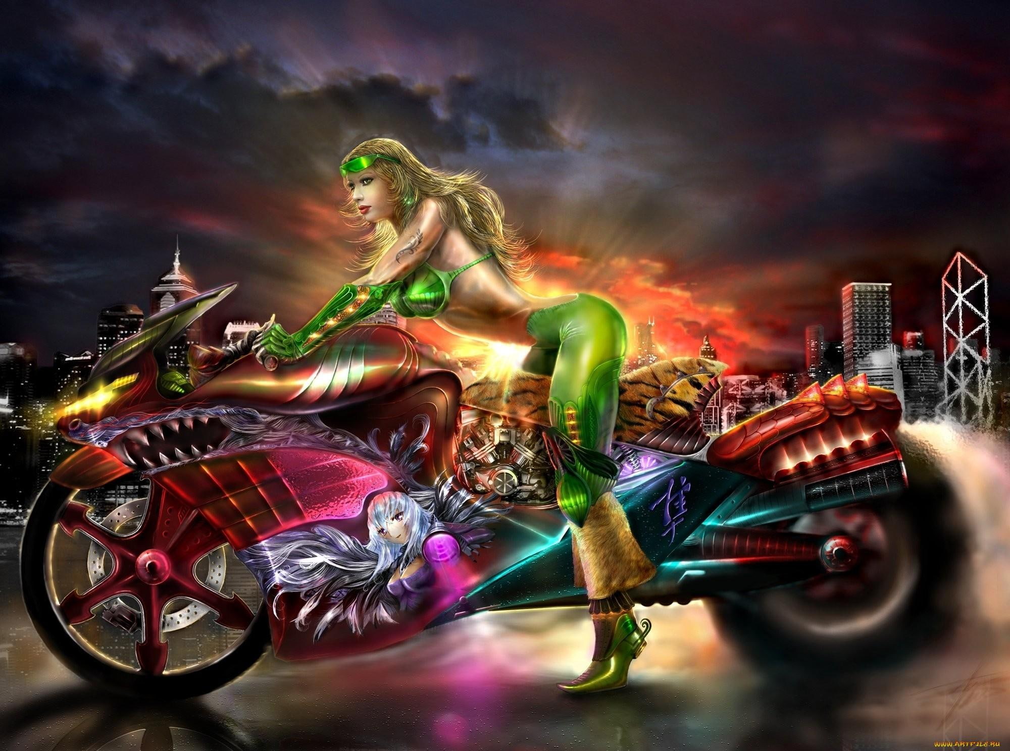 green, 3d and abstract, babe, bike, sci, alein, motorcycle, woman, riding, fi, 1080P, art, HD Wallpaper