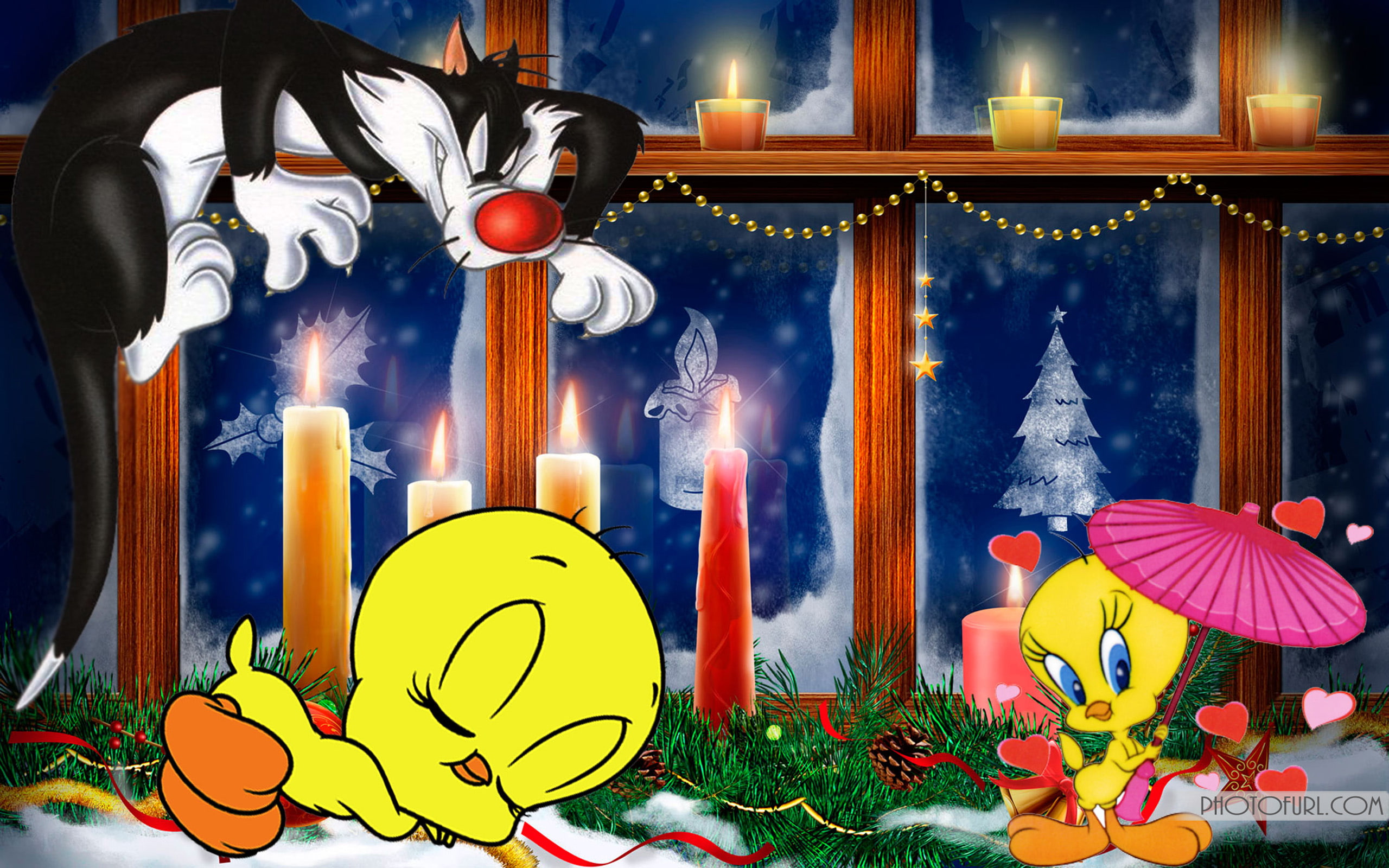  cat, bird, christmas, phones, cartoons, looney, tweety, candles, hd, sylvester, mobile, tablet, pc, tunes, 2K, HD Wallpaper