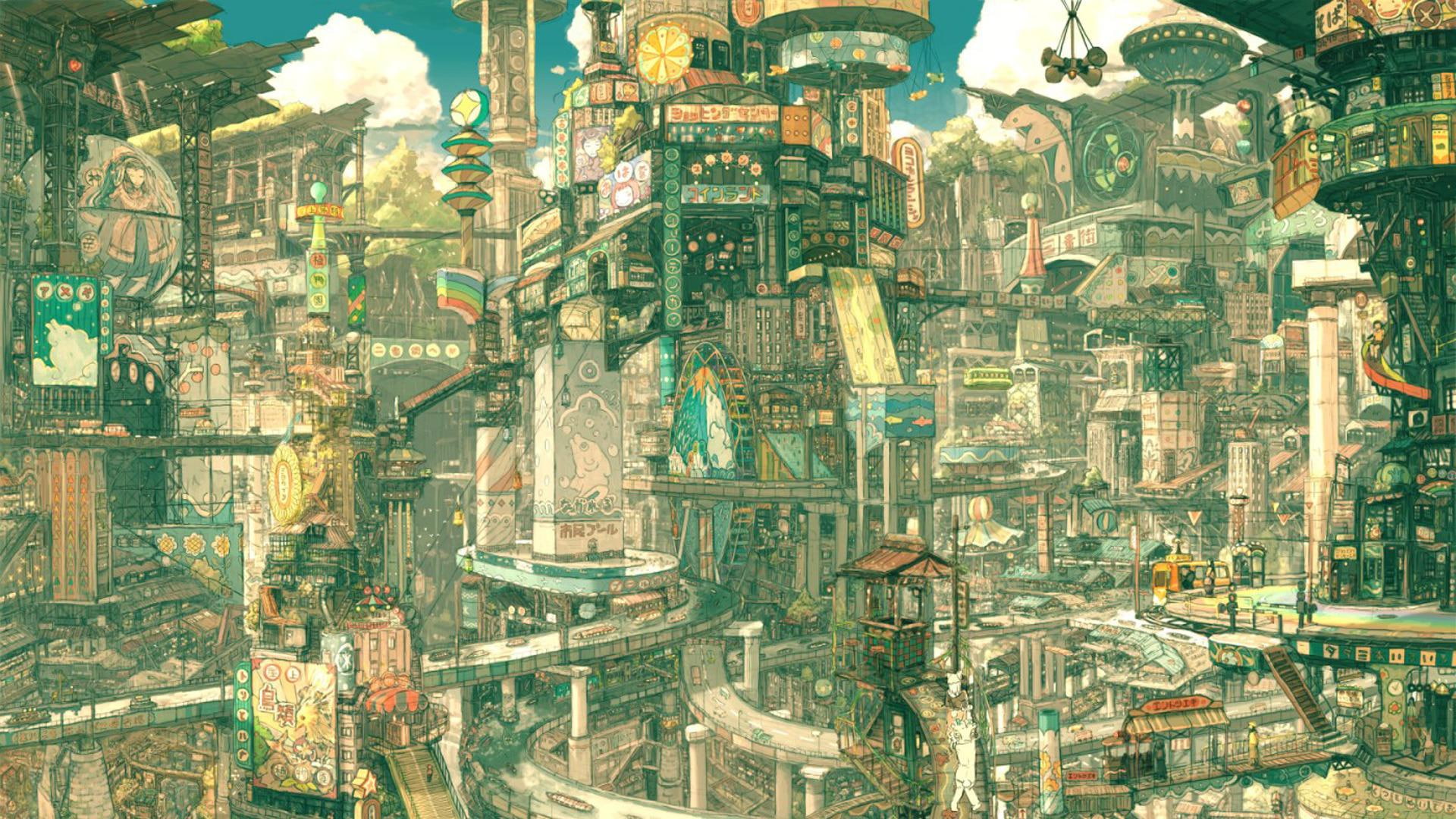 asia, busy, 1920x1080, metropolis, anime, painting, 1080P, futuristic, city, asian, HD Wallpaper