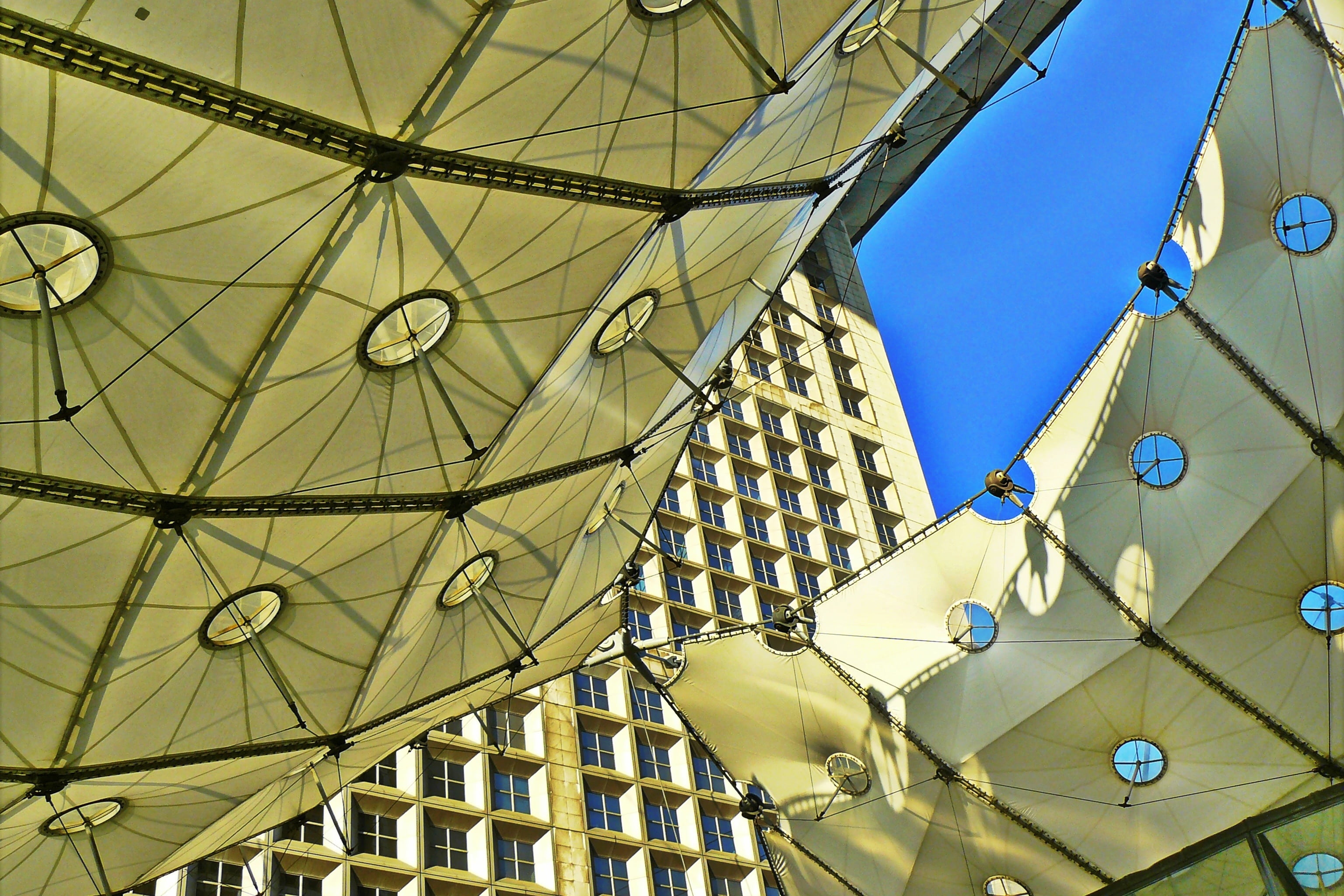 futuristic, ceiling, art and craft, pattern, sunlight, yellow, perspective, travel, canopy, building exterior, facade, abstract, photography, building, HD Wallpaper