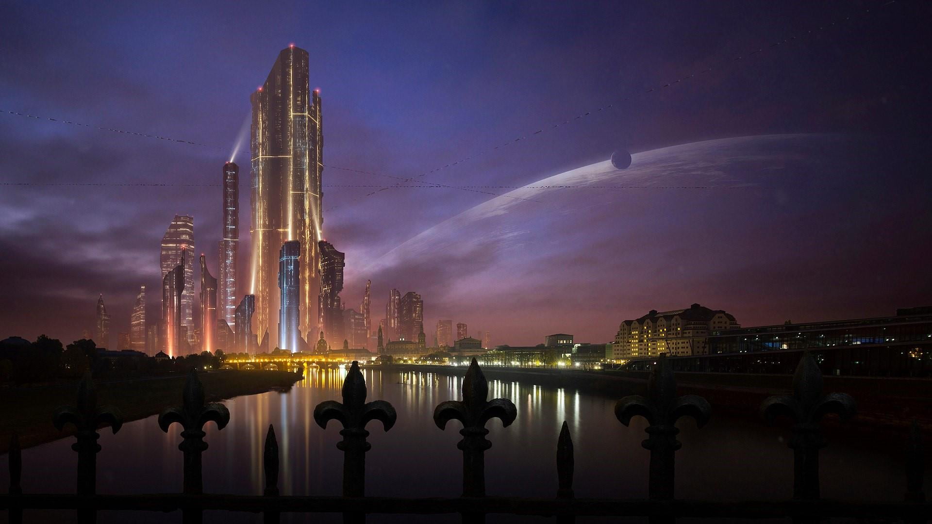night, water, twilight, no people, metropolis, travel destinations, built structure, building, cityscape, dusk, office building exterior, illuminated, futuristic, HD Wallpaper