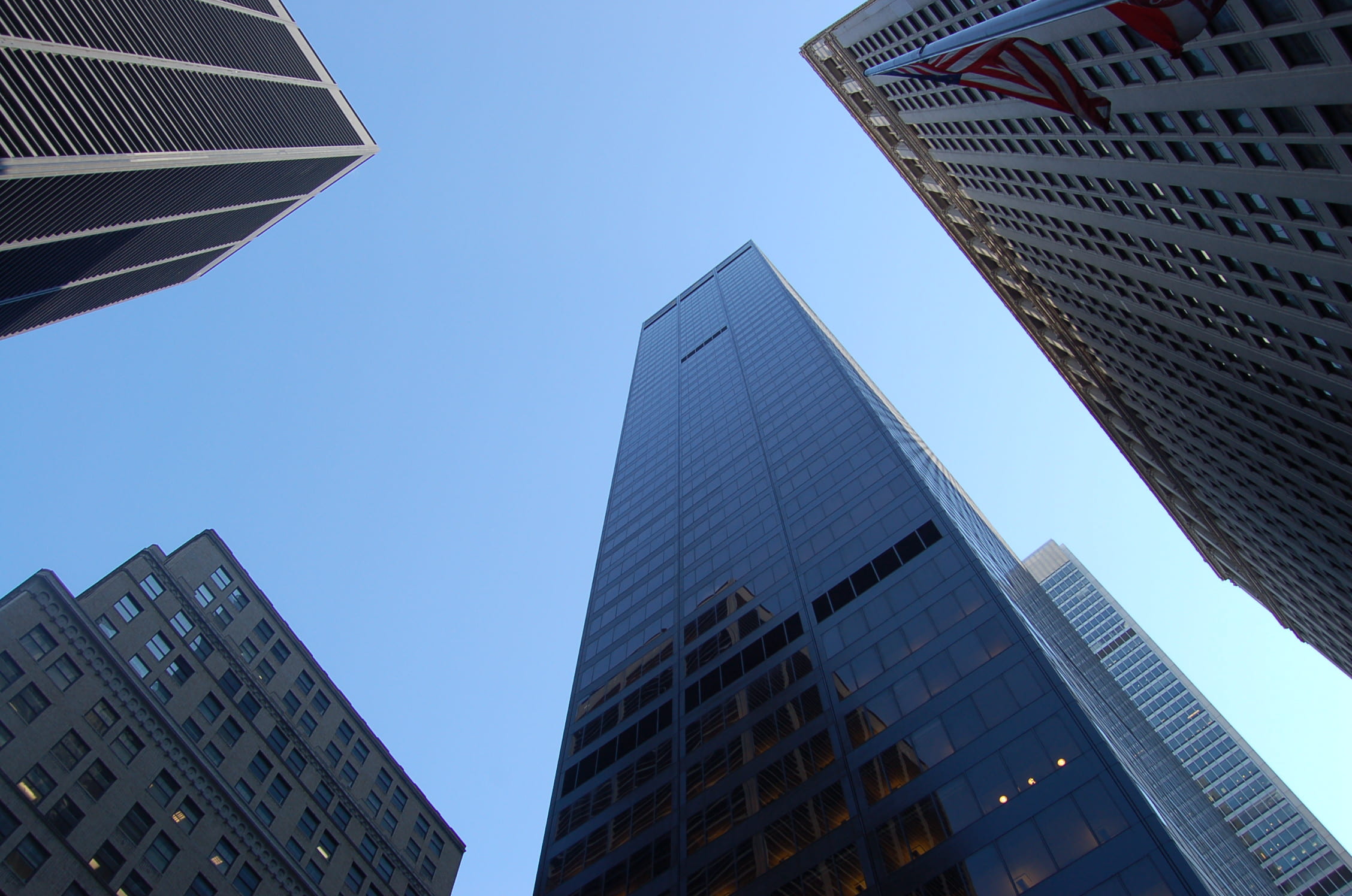 glass windows, low angle shot, offices, building exterior, no people, reflection, building, sky, directly below, buildings, financial district, 1080P, HD Wallpaper