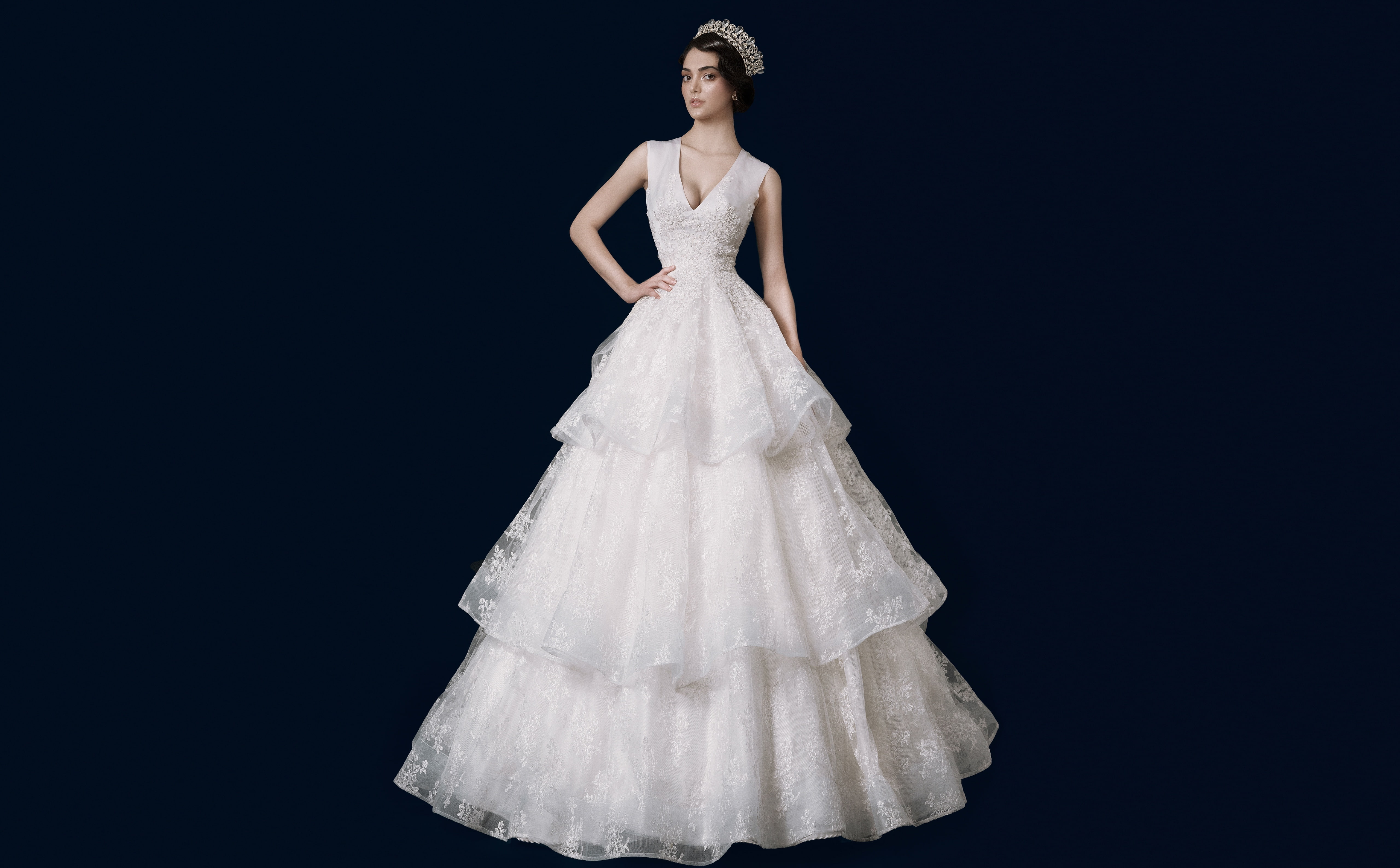 Fabulous, black background, Princess, weddingdresses, clothing, Dress, women, elegance, Love, white color, Crown, Beautiful, Female, indoors, bride, studio shot, HD Wallpaper