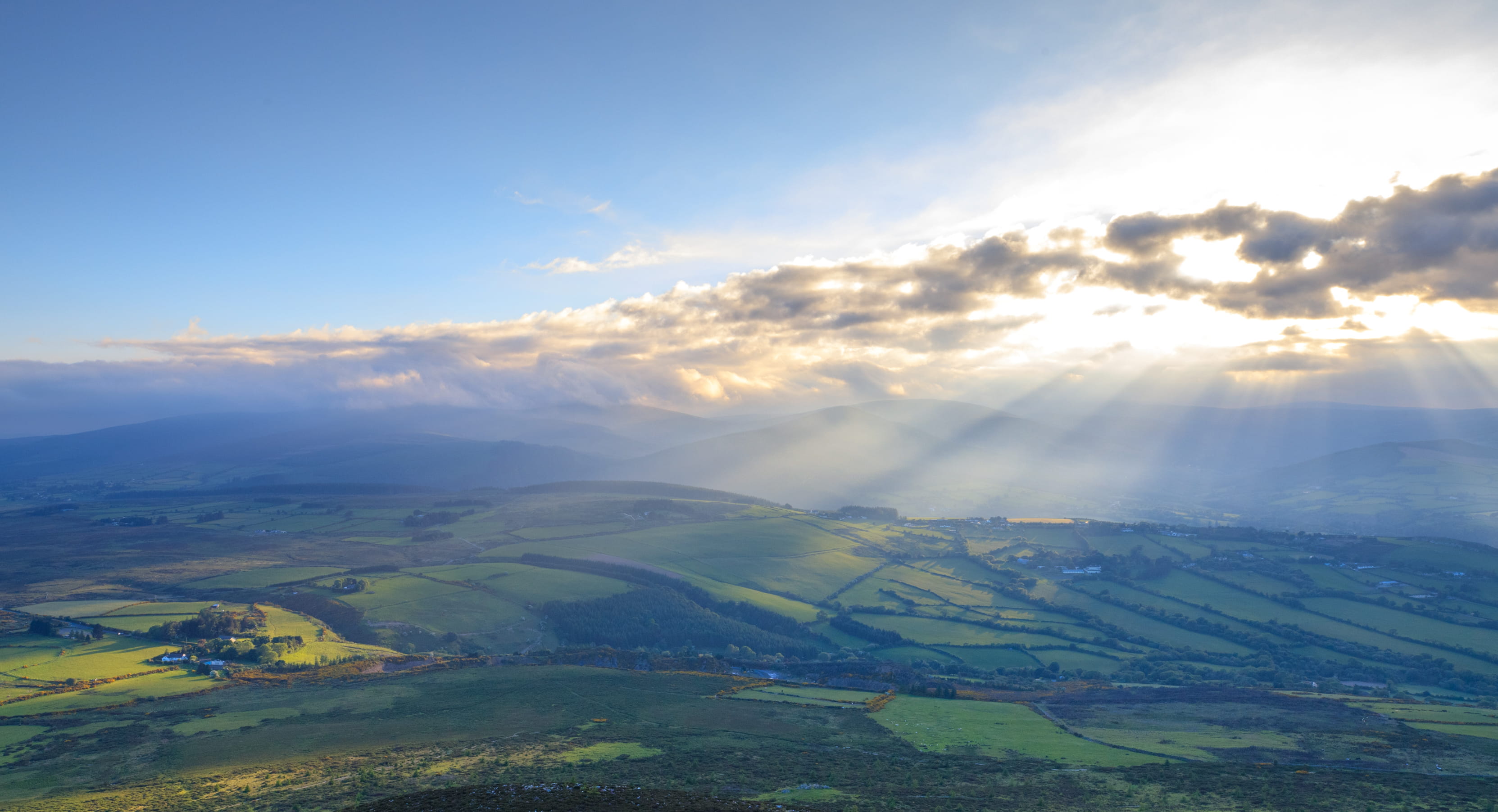 non-urban scene, tranquil scene, great sugar loaf, beauty in nature, rural scene, landscape, ireland, sky, sunlight, clouds, field, no people, cloud - sky, HD Wallpaper