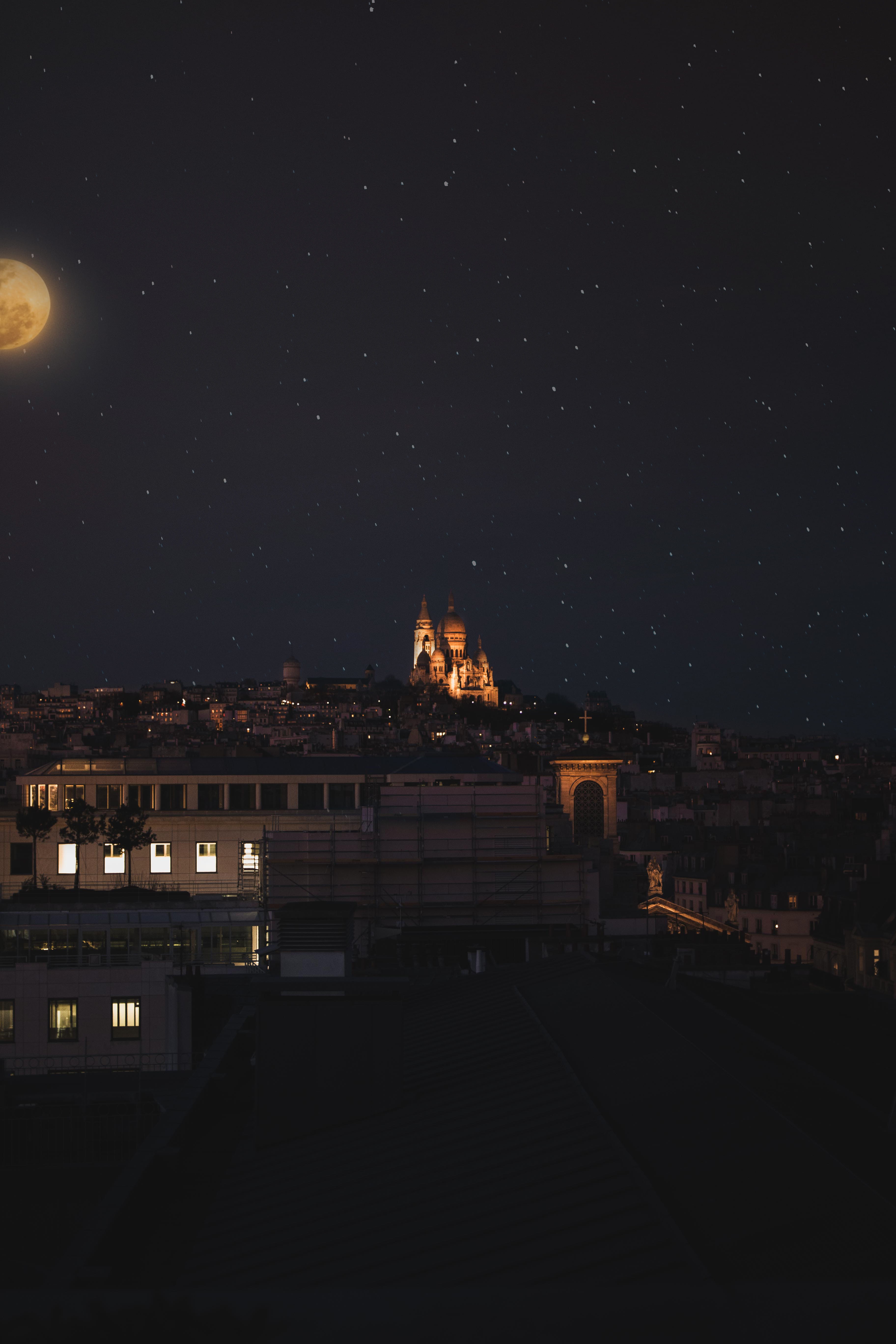 residential district, photographer, view, night, stars, love, cityscape, moonlight, outdoors, s, glowing, nature, full moon, built structure, bird, city, Phone HD Wallpaper