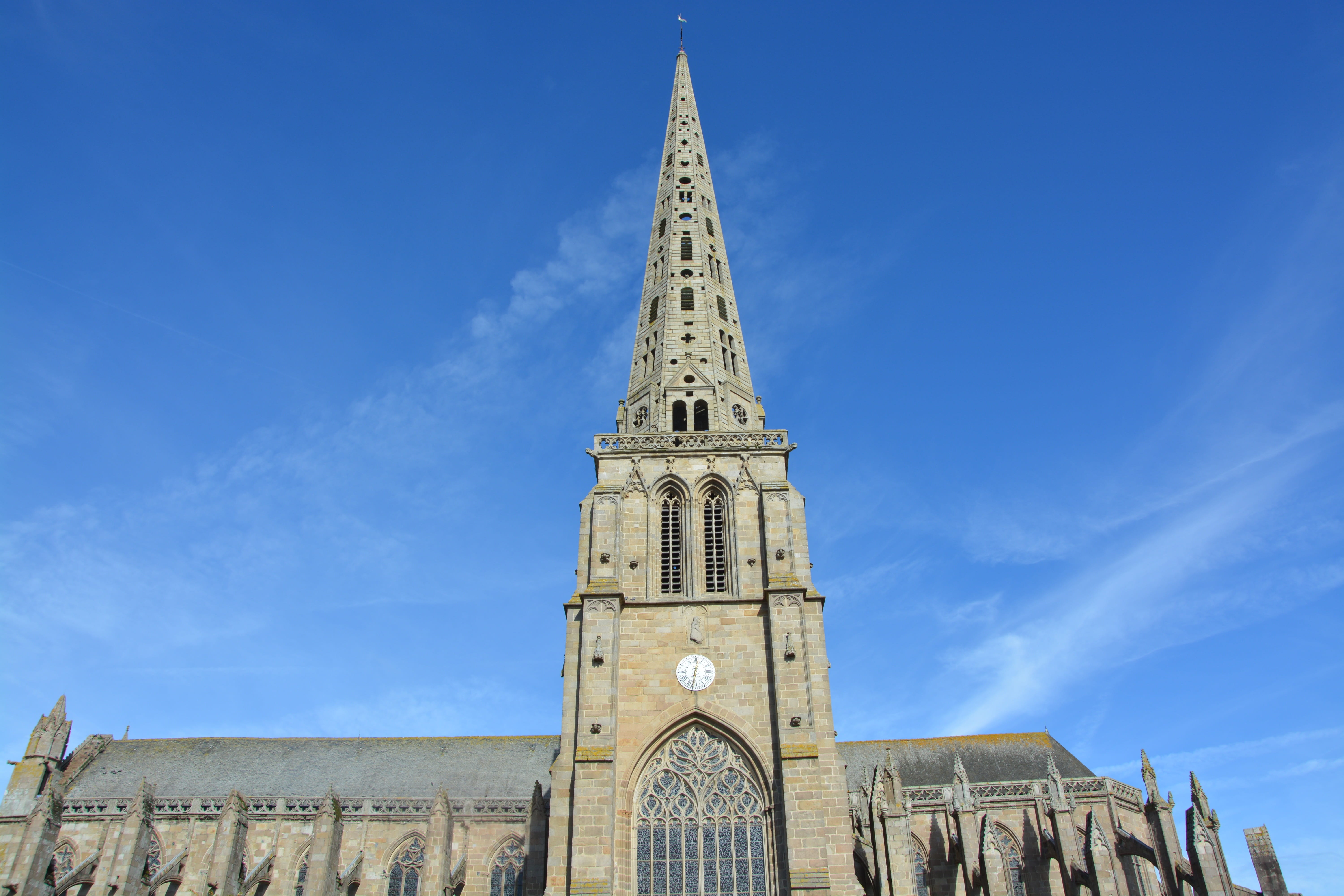 blue sky, 5K, cathedral, lovely cathedral, day, architecture, religious monument in tréguier, blue, religion, no people, sky, spirituality, belief, clock, HD Wallpaper
