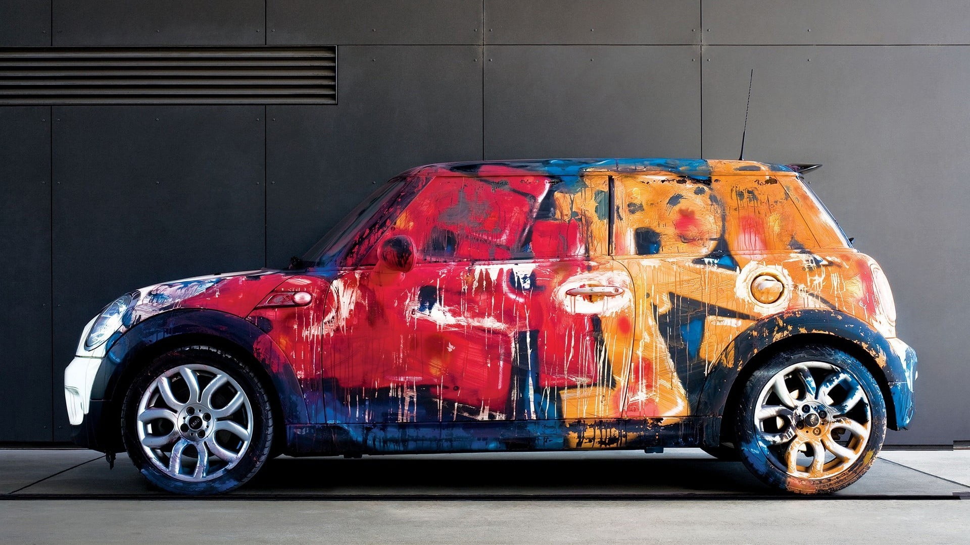 multicolored, car accident, transportation, damaged, graffiti, land vehicle, city, mode of transportation, red, travel, road, hatchback, door, car, street, HD Wallpaper