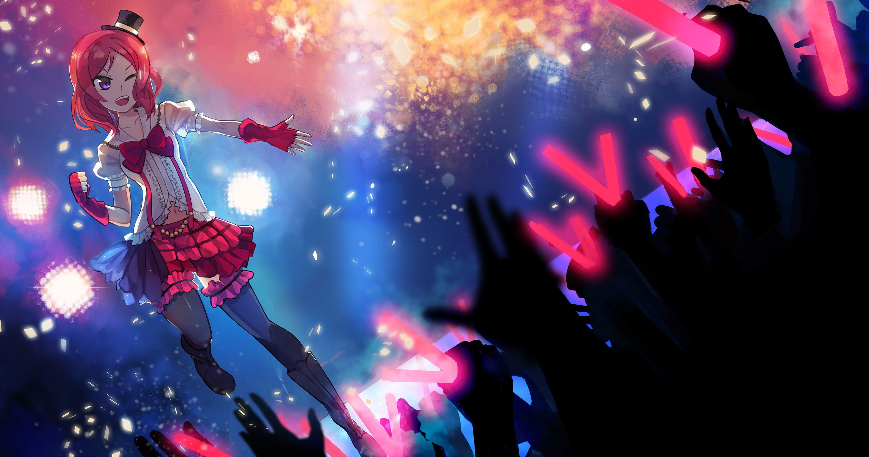 happiness, night, illuminated, new years eve, redhead, human limb, 2K, nightlife, Nishikino Maki, anime, holiday, enjoyment, christmas decoration, decoration, HD Wallpaper