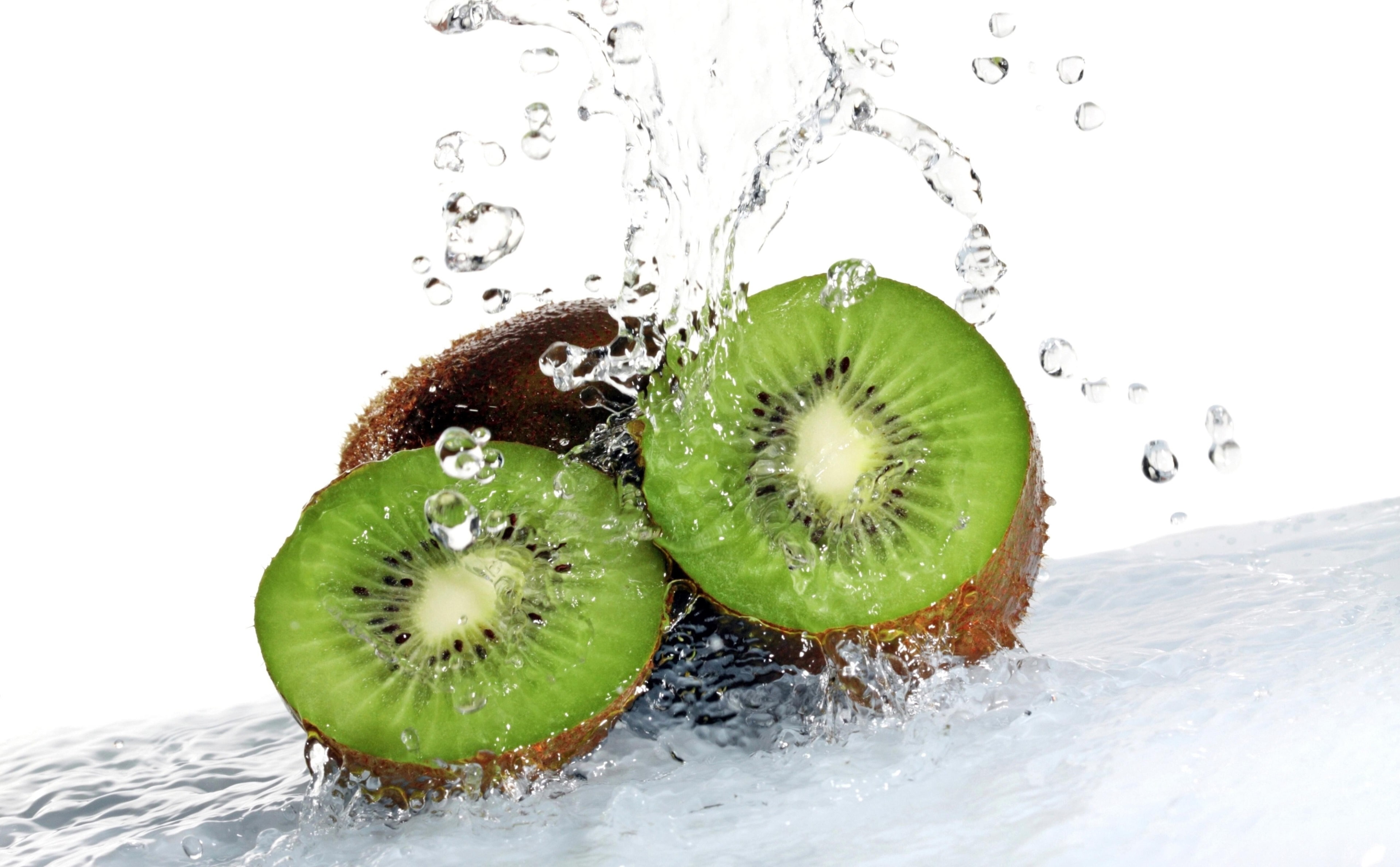 kiwi 4k ultra hi res, green color, nature, indoors, splashing, slice, water, white background, wellbeing, kiwi - fruit, freshness, fruit, close-up, studio shot, HD Wallpaper