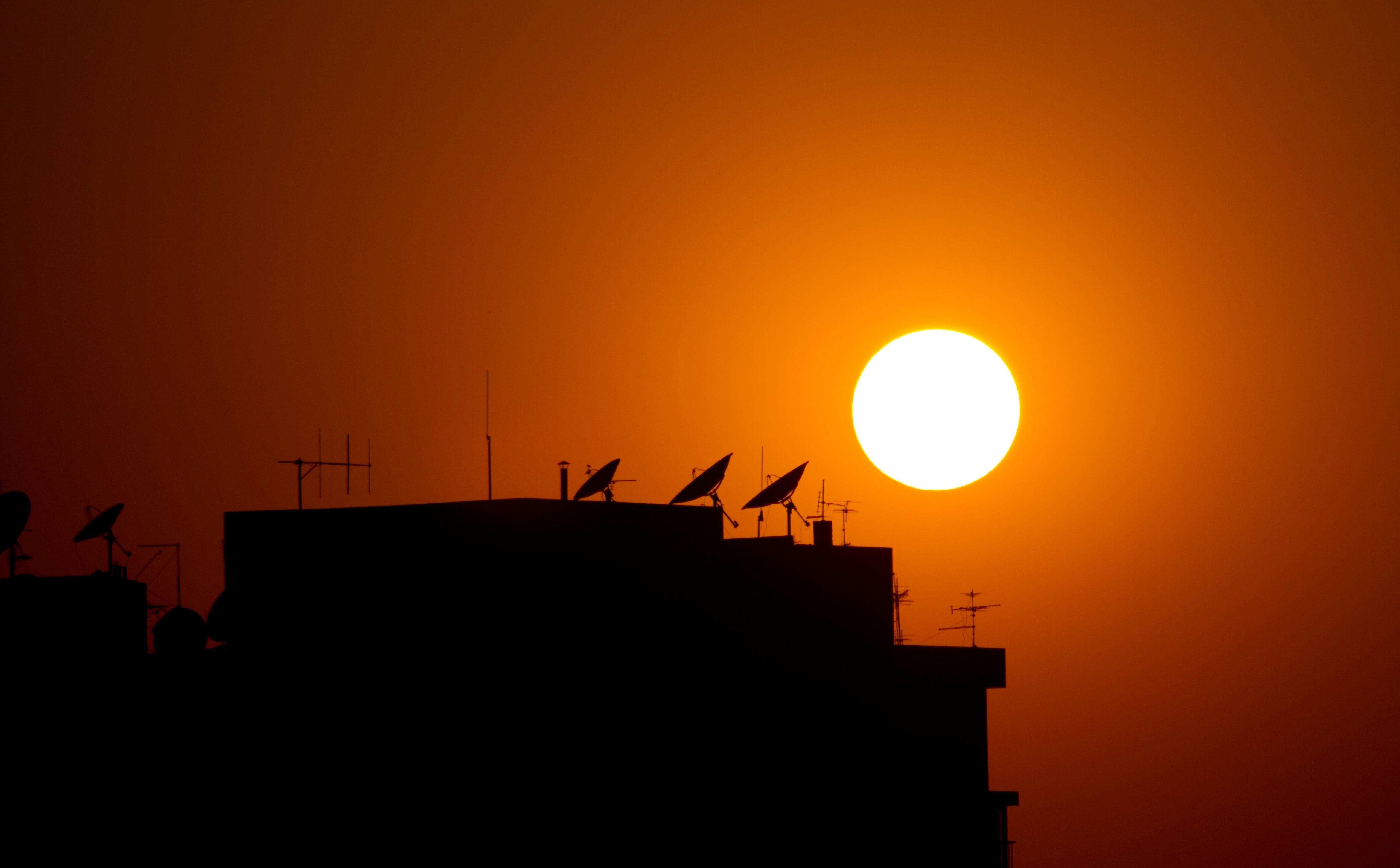 parabolic, clear sky, built structure, Orange, outdoors, no people, sun, 5K, beauty in nature, sunset, Egypt, copy space, Nature, communication, cairo, HD Wallpaper