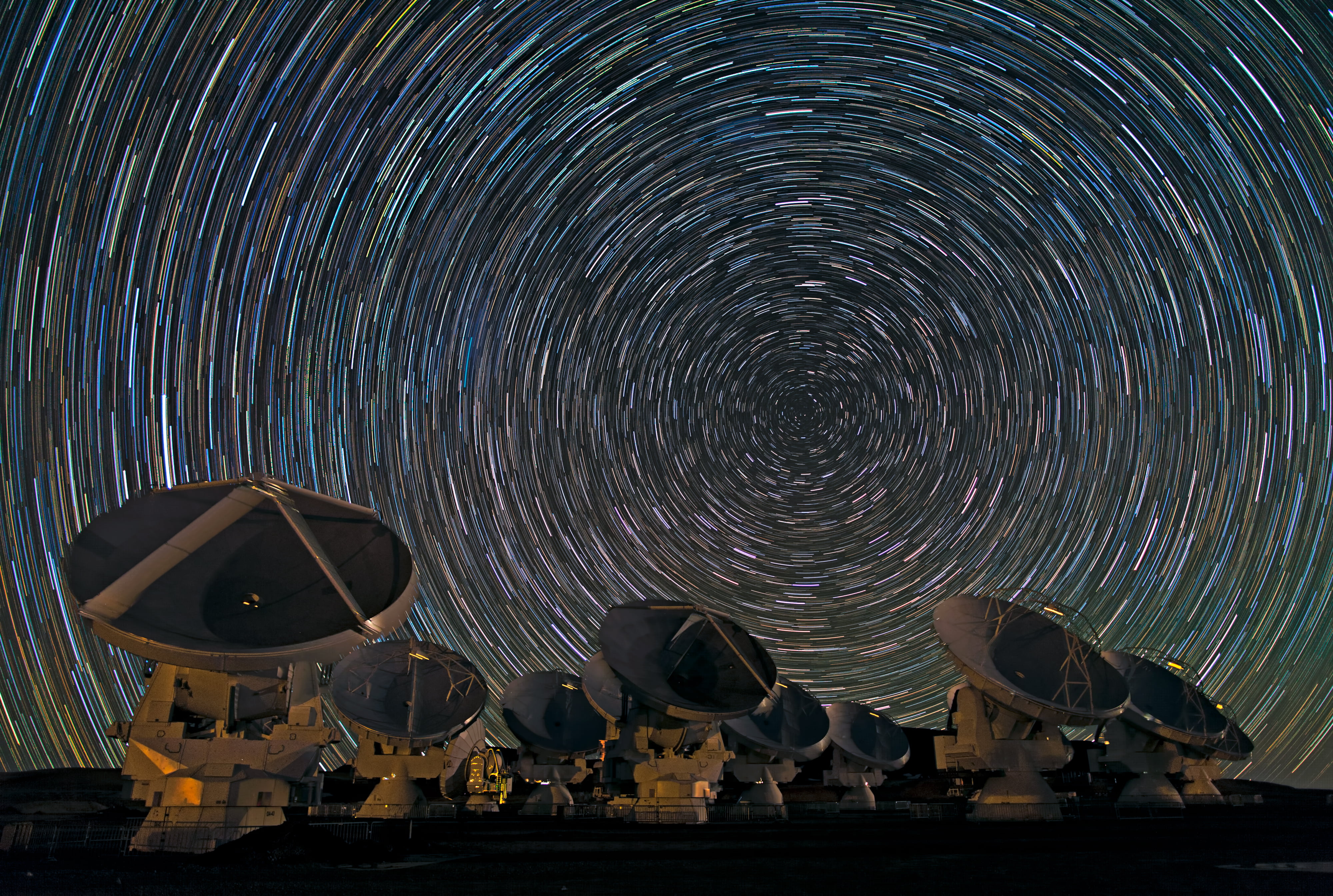 view, 4K, psychedelic, swirl, panorama, panorama photography, antennas, Atacama Large Millimeter/submillimeter Array, Star Trails, photography, Southern Star, HD Wallpaper