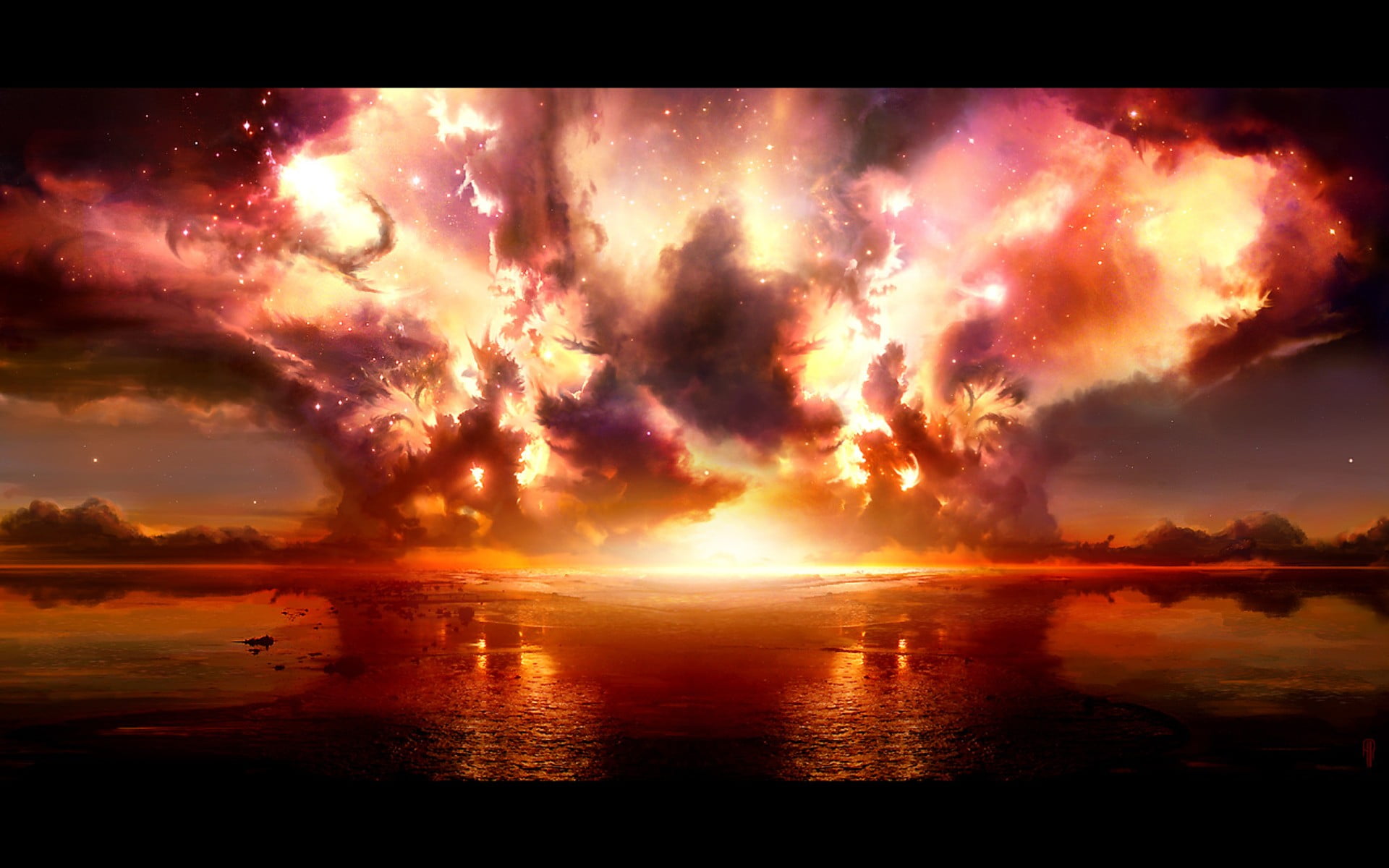 transfer print, nature, auto post production filter, 1080P, nuclear, artwork, romantic sky, idyllic, sky, water, beauty in nature, scenics - nature, explosion, HD Wallpaper
