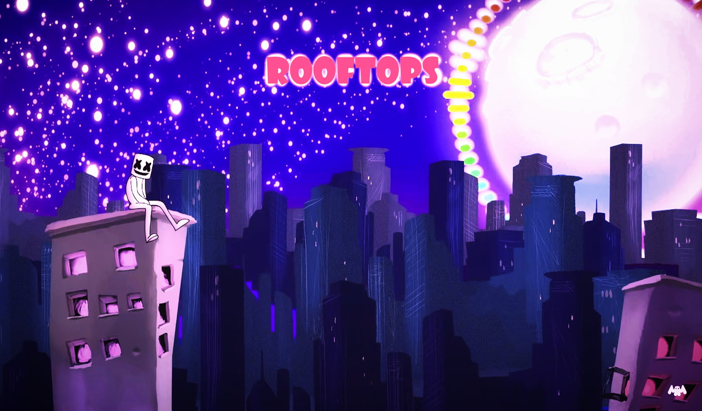 Marshmello, city, 720P, music, night, stars, Moon, HD Wallpaper