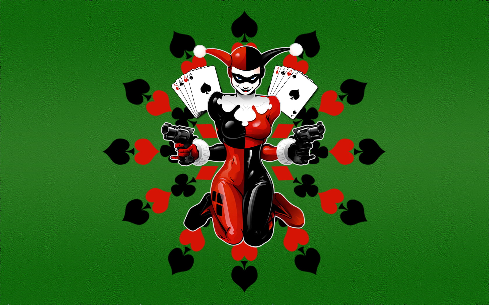 harley, 720P, cartoon/comic, green, hd, cards, playing, batman, revolver, quinn, HD Wallpaper