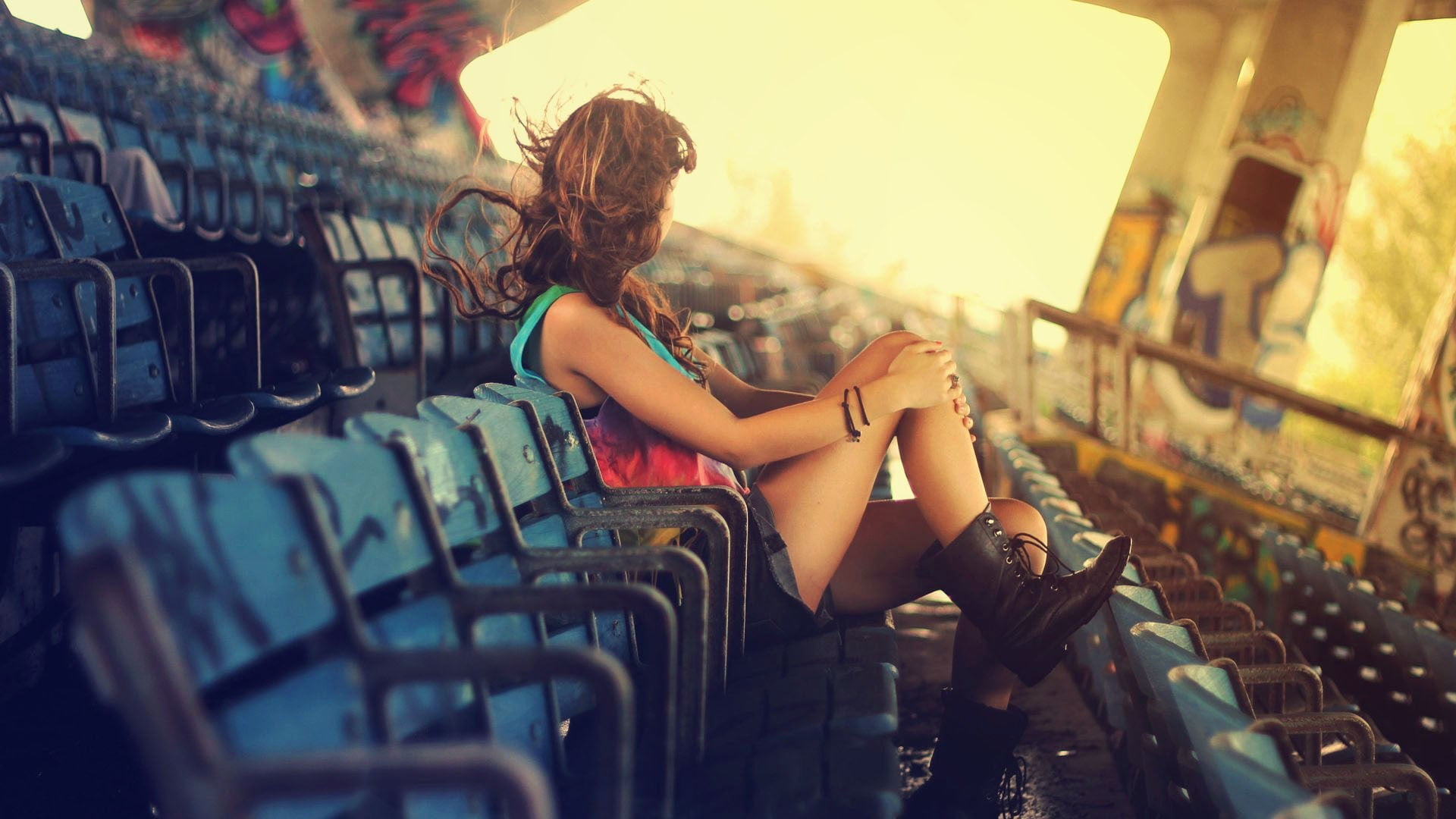 stadium, leisure activity, architecture, 1080P, adult, top, women, relaxation, brunette, young women, boots, chair, travel, tank, nature, looking away, HD Wallpaper