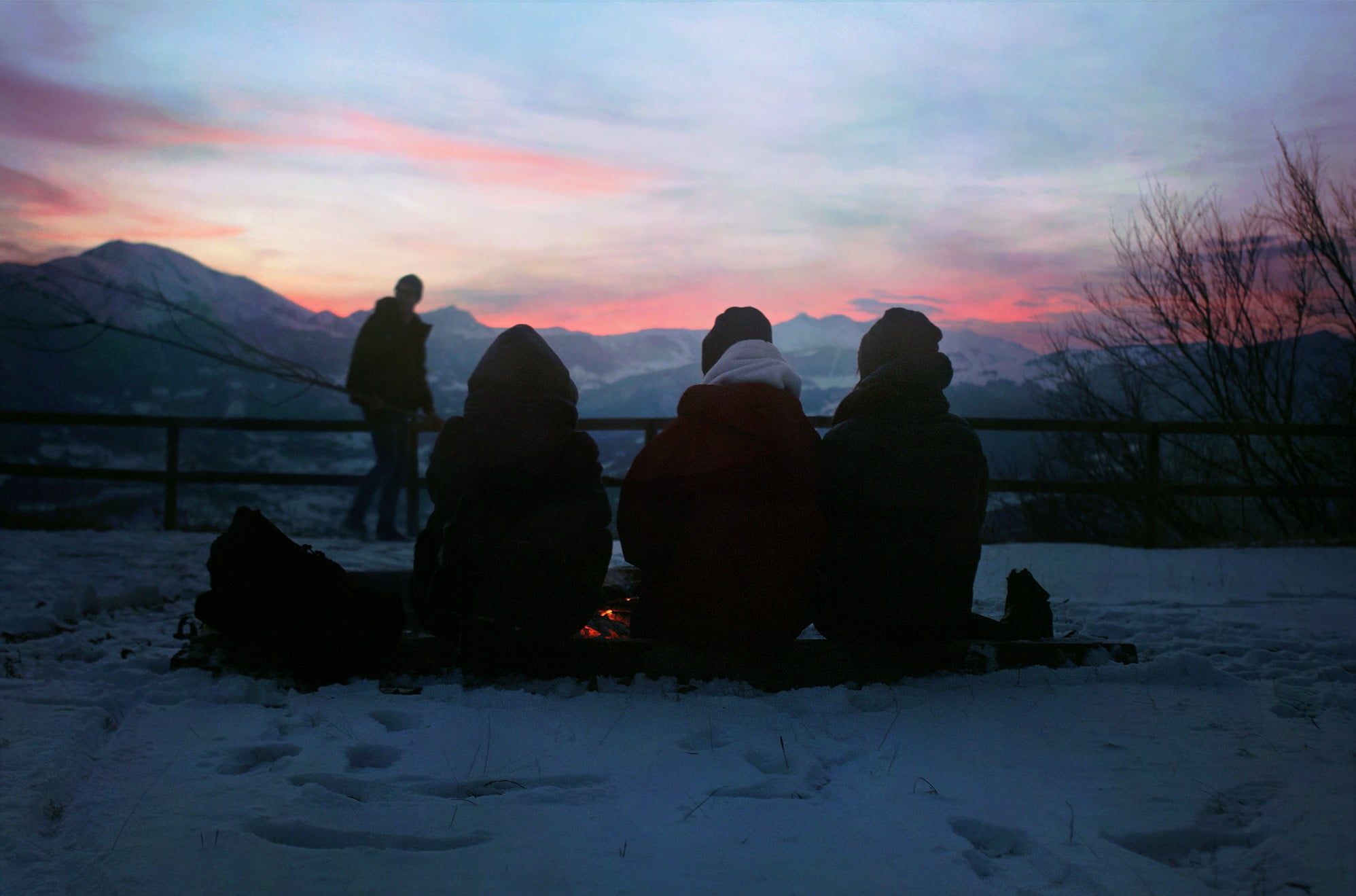 dress, warm clothing, lifestyles, 1080P, snow, sunset, cannon, sky, cold temperature, nature, real people, men, shirt, group of people, land, sitting, HD Wallpaper