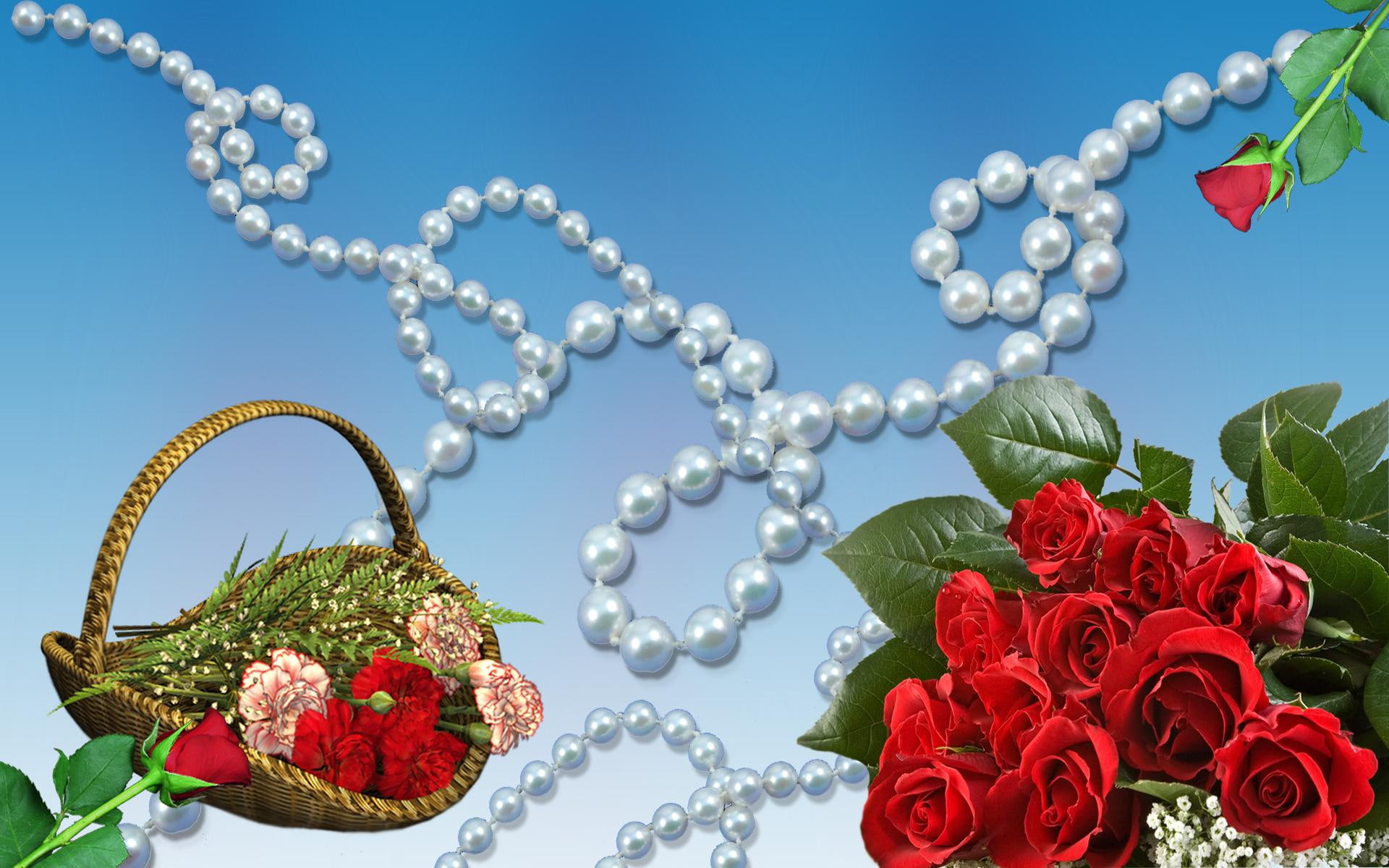 rose, mothers, tribute, holiday, mother, 1080P, 3d and abstract, day, pearls, HD Wallpaper