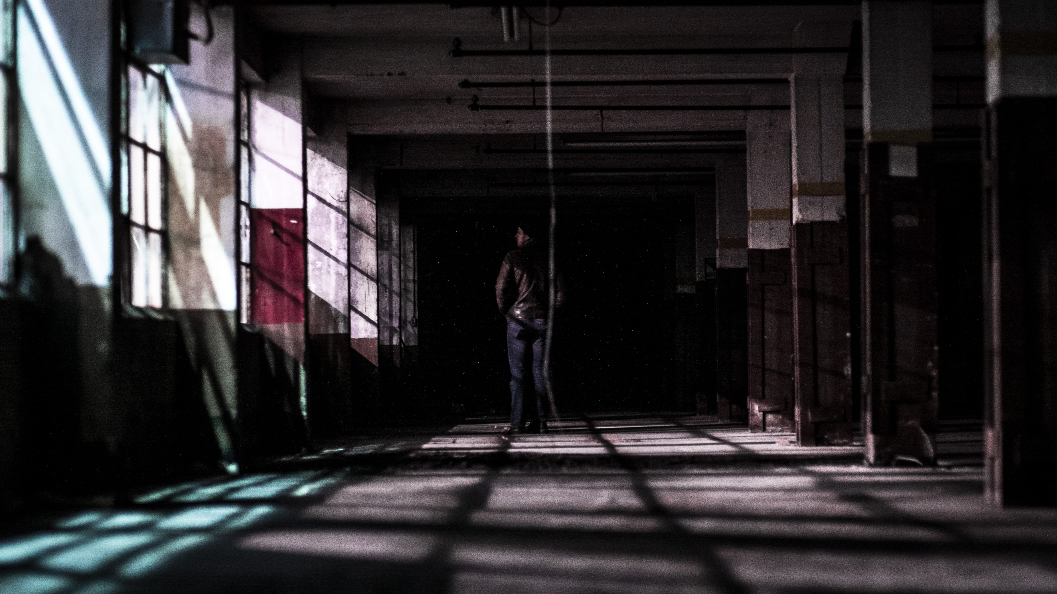 sunlight, one person, floor, dark, person, teenager, crypt, lighting, casual clothing, standing, basement, shadow, corridor, human, lifestyles, abandoned building, HD Wallpaper