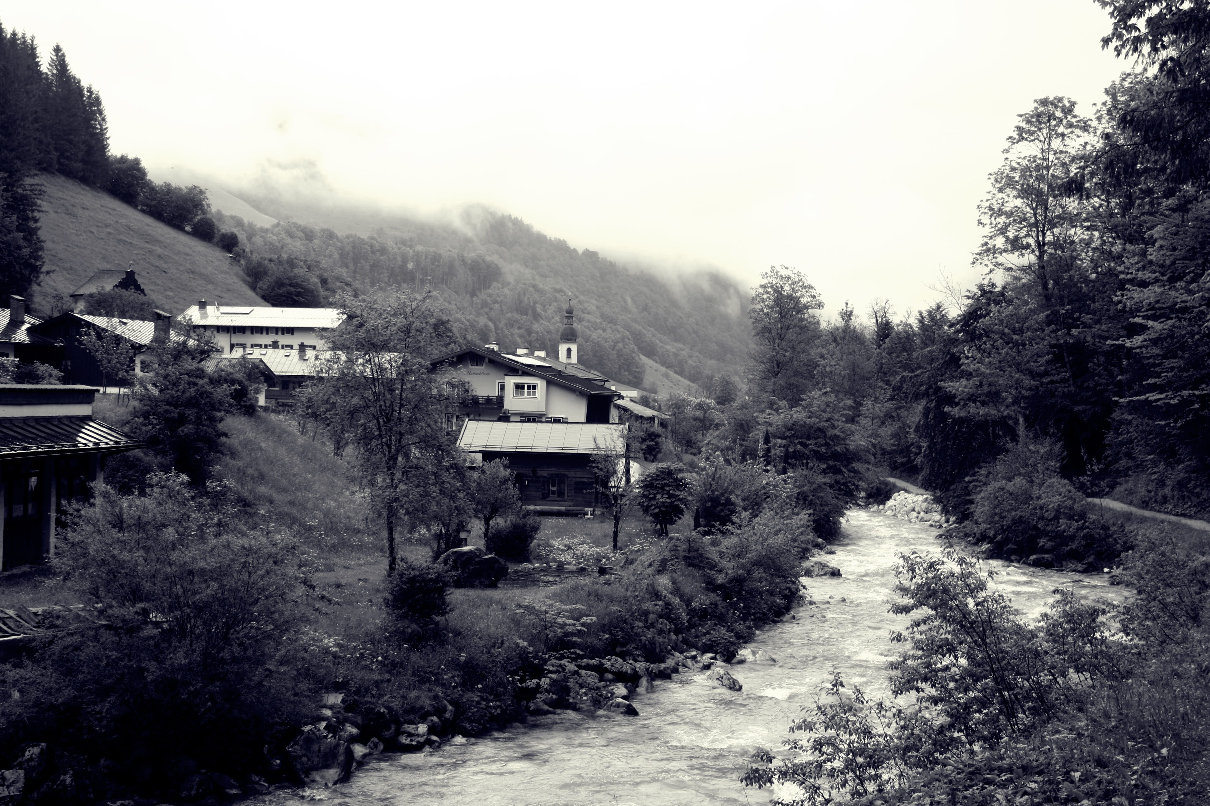 house, tree, berchtesgadener land, black photography, landscape, built structure, day, upper bavaria, architecture, fog, building exterior, trekking, environment, HD Wallpaper