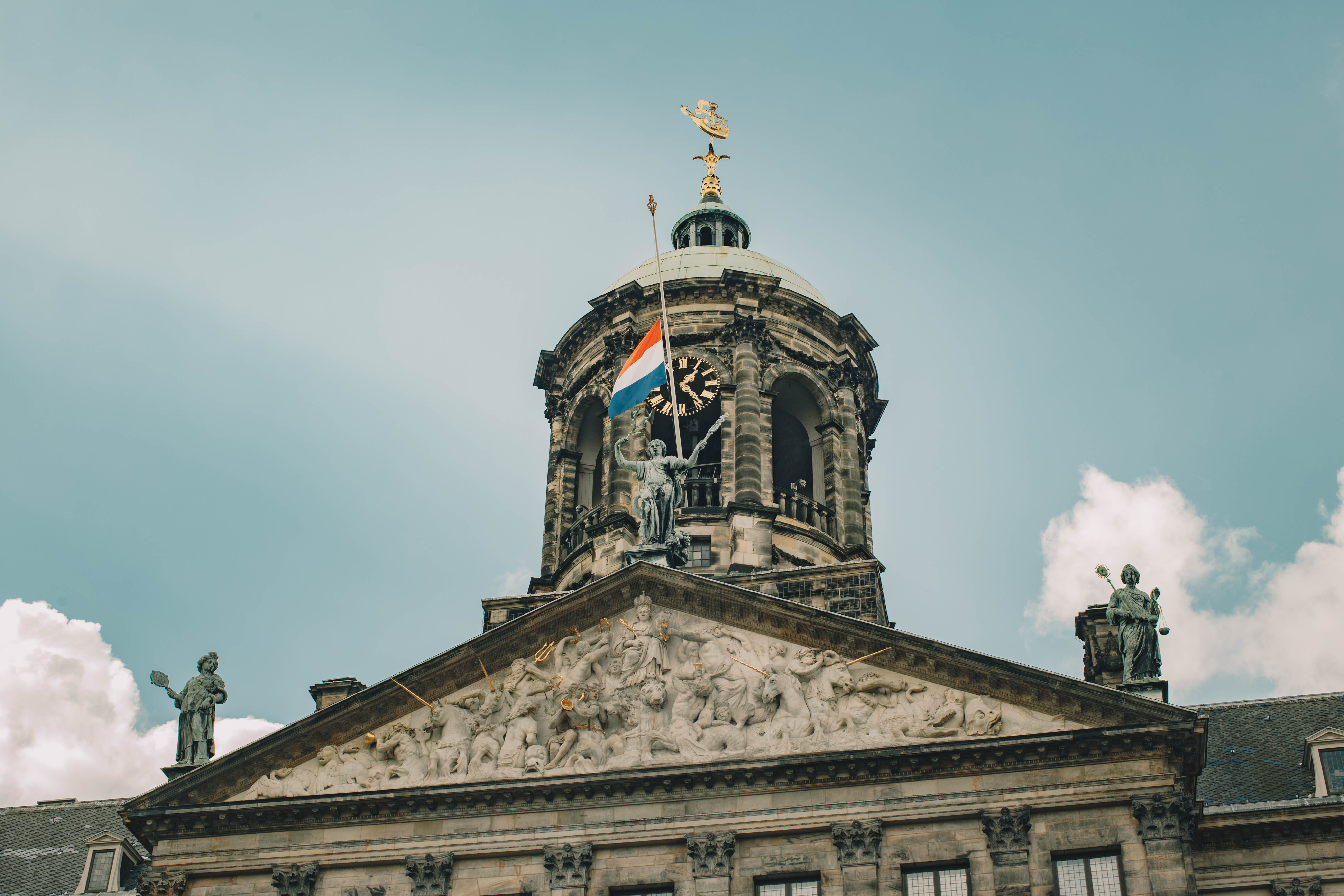 day, clouds, spire, clock tower, history, person, statue, city, built structure, the royal palace amsterdam, metropolis, nature, government, building, netherlands, HD Wallpaper