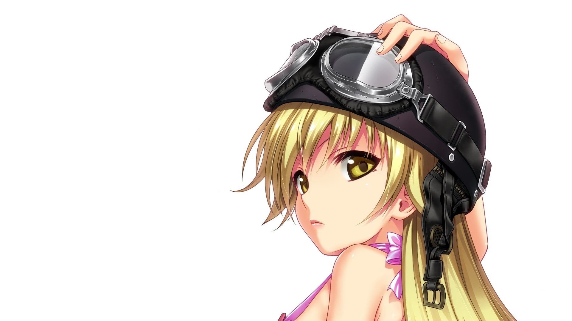 goggles, hd, 1080P, long, blondes, hot, eyes, Dress, helmets, art, shinobu, long hair, vampires, ba, hair, oshino, anime, Bakemonogatari, yellow, simple, HD Wallpaper
