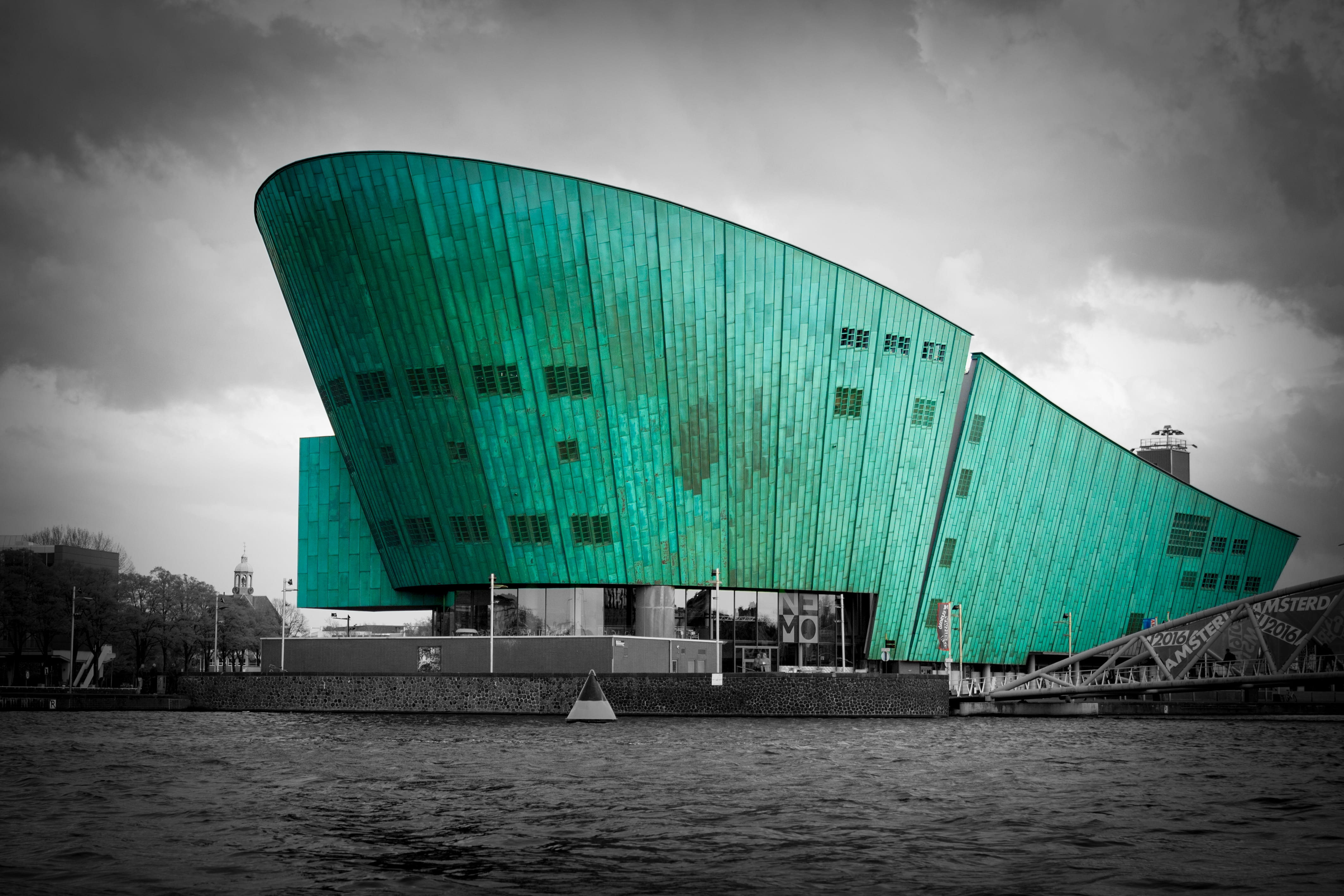 large, built structure, cloudy, cloud - sky, outdoors, building, no people, futuristic, sea, low angle view, transportation, 4K, green color, black and white, HD Wallpaper