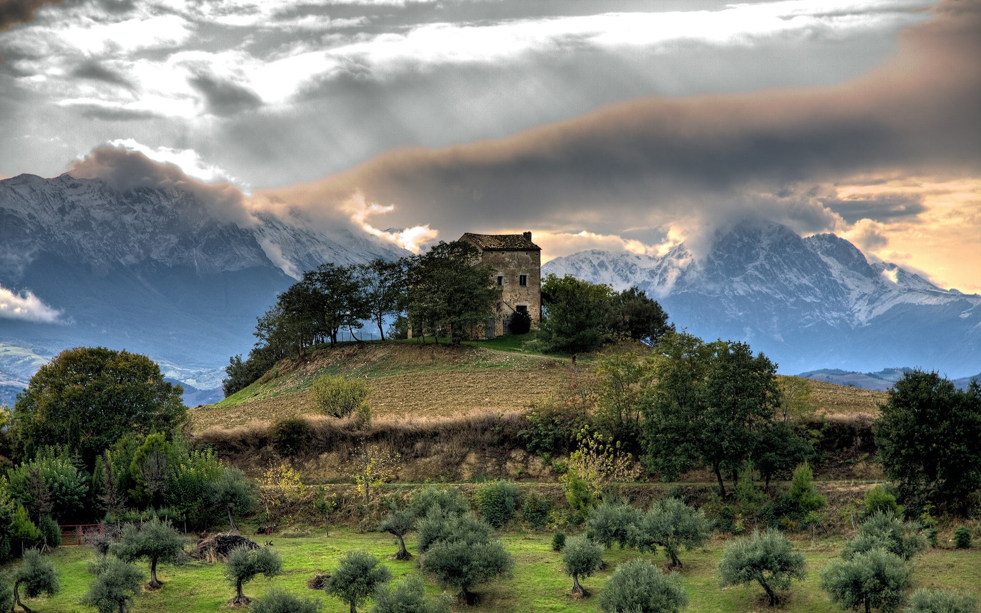 snowy mountain, landscape, old building, hills, house, mountains, clouds, snowy peak, trees, nature, ruin, architecture, 1080P, HD Wallpaper