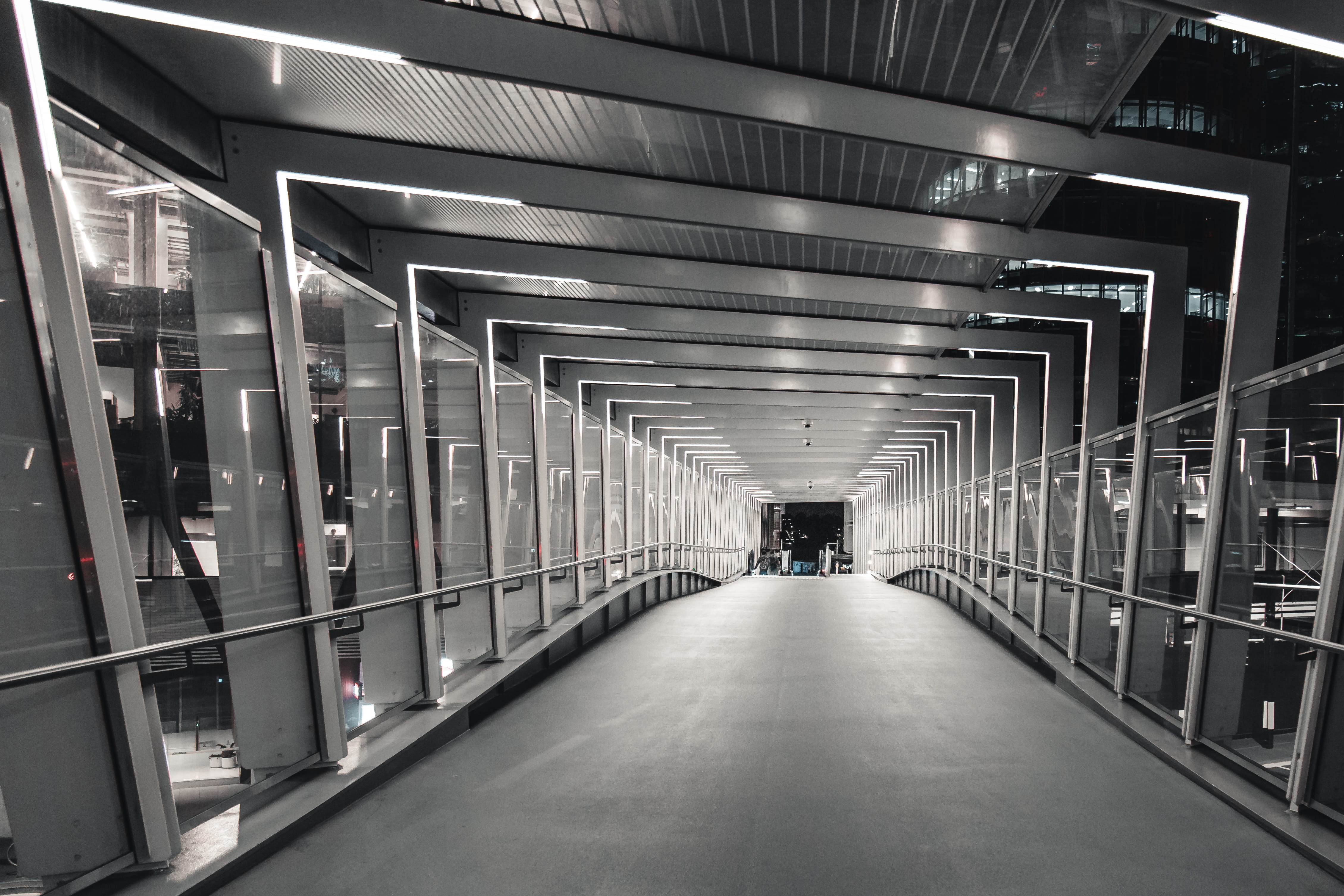 handrail, diminishing perspective, men, incidental people, street, connection, real people, lighting, indoors, architecture, path, 4K, mode of transportation, HD Wallpaper