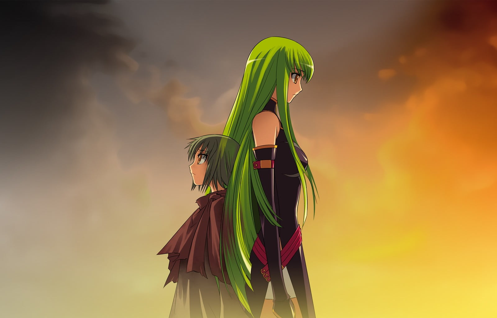 green color, cloud - sky, side view, anime girls, anime, people, three quarter length, low angle view, fashion, green hair, C.C., day, human representation, HD Wallpaper