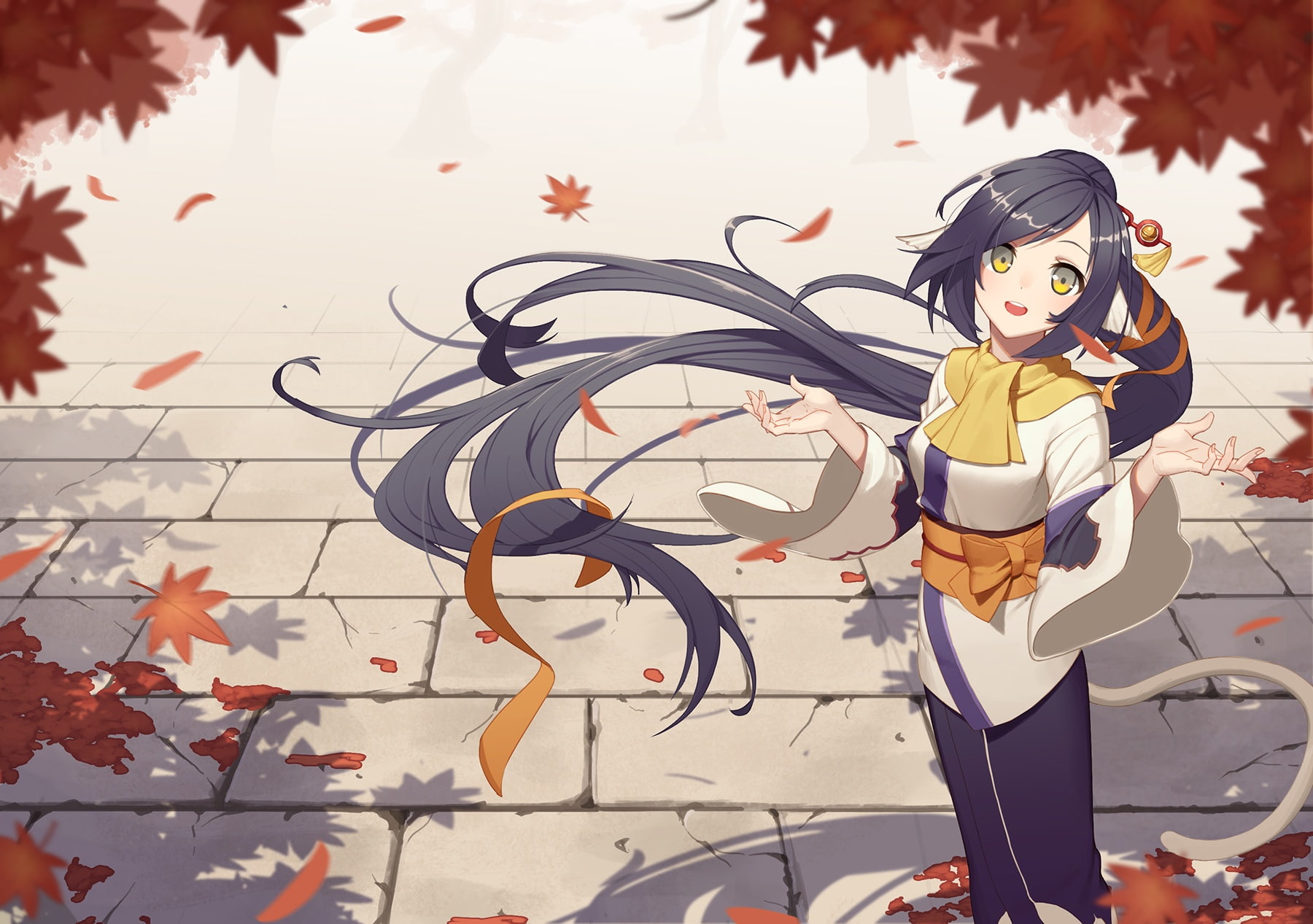 hair, eyes, kuon, bow, (utawarerumono), yellow, utawarerumono, (artist), 720P, konachan, long, 249445, com, icarus, itsuwari, autumn, leaves, kamen, HD Wallpaper
