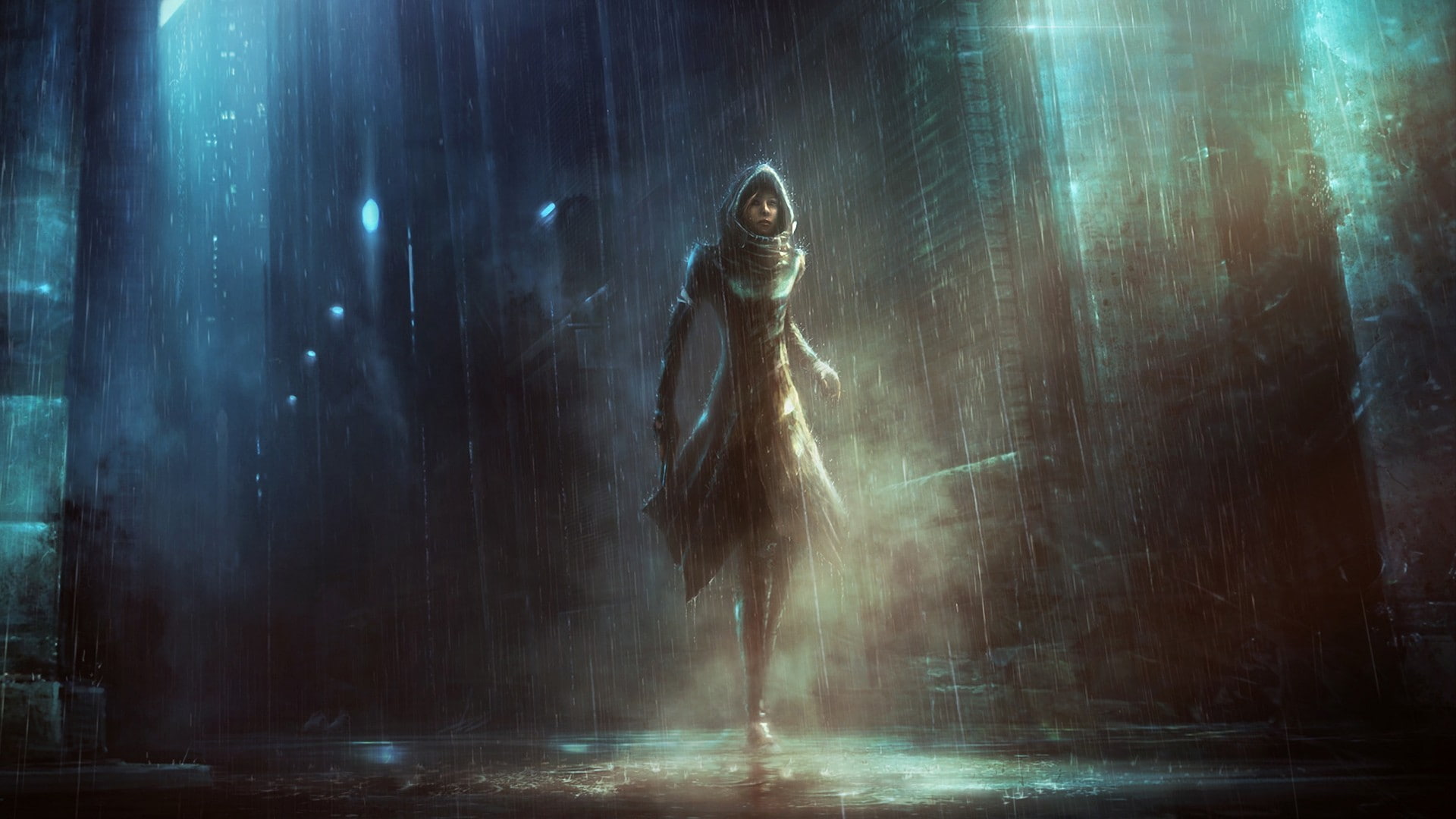city, artwork, concept art, futuristic, alleyway, 1080P, fantasy art, science fiction, women, people, street, rain, alone, HD Wallpaper