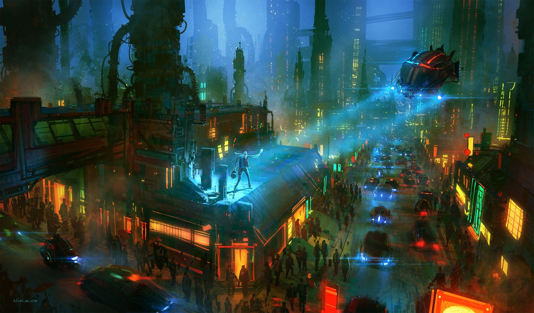 nightlife, car, people, night, Fantasy, 1080P, architecture, long exposure, outdoors, motion, city, building, blurred motion, futuristic city, built structure, HD Wallpaper