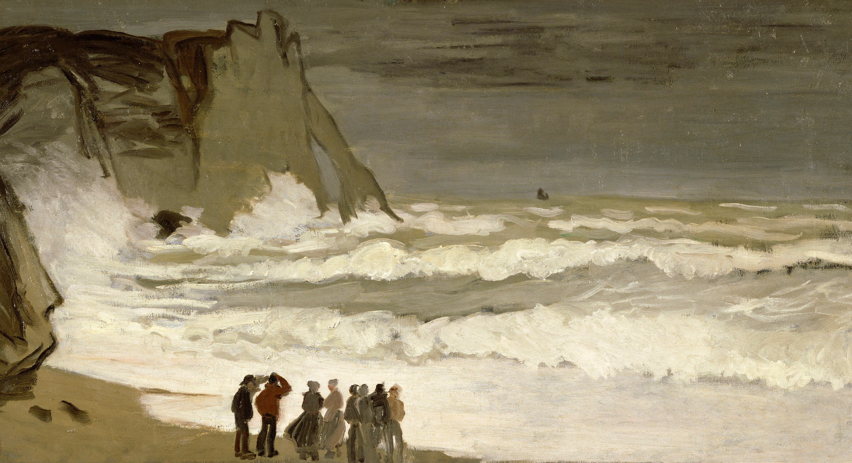 people, shore, Stormy Sea in étretat, 2K, storm, seascape, picture, Claude Monet, HD Wallpaper